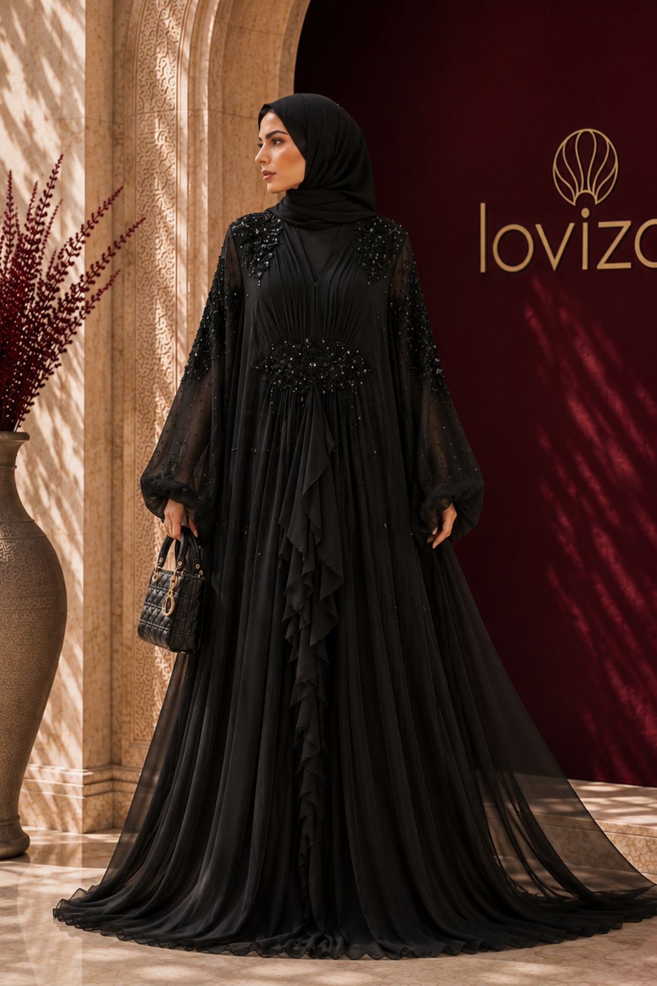 Noir Cascade Embellished Abaya