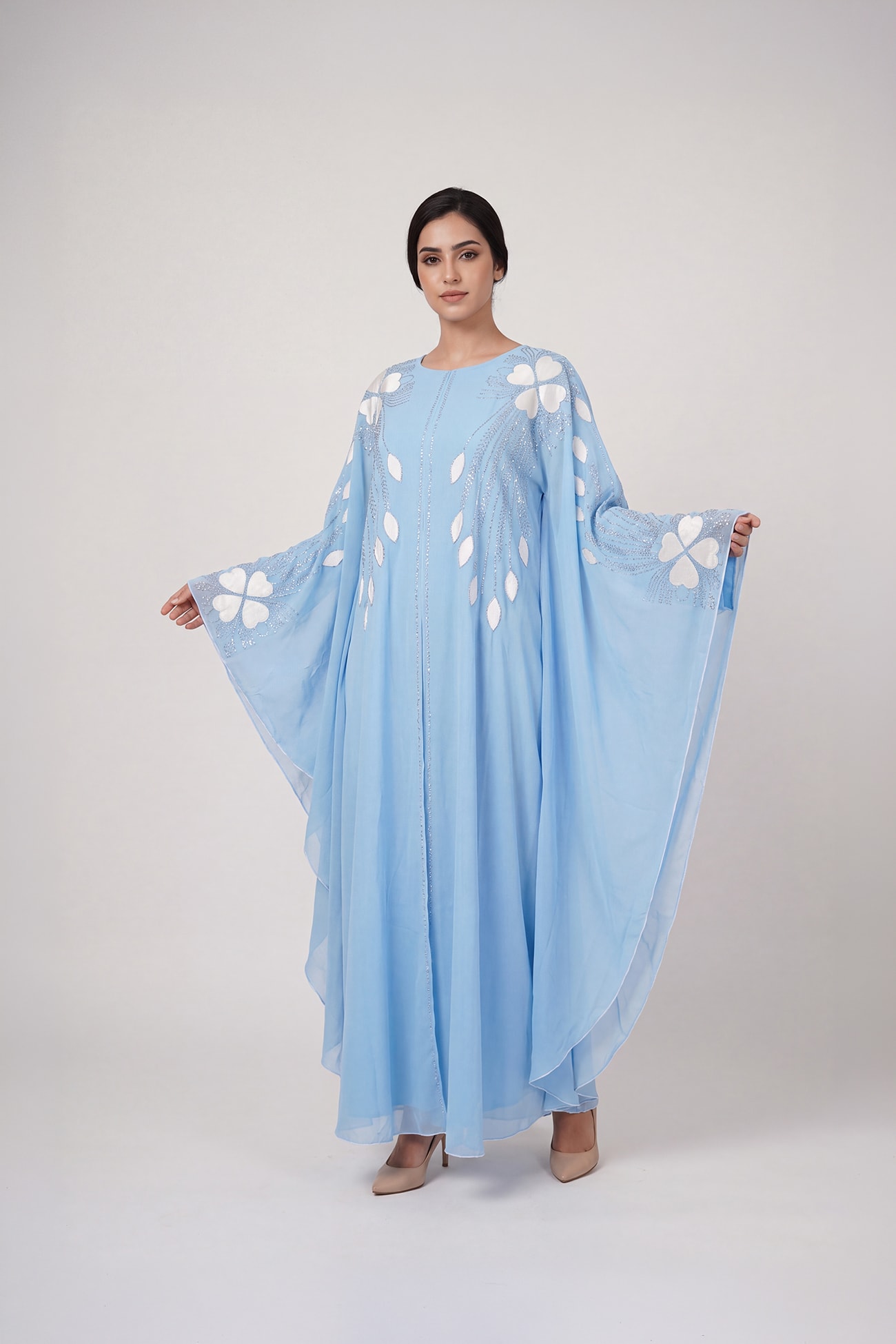 Sky Blue Floral Embellished Chiffon Abaya
