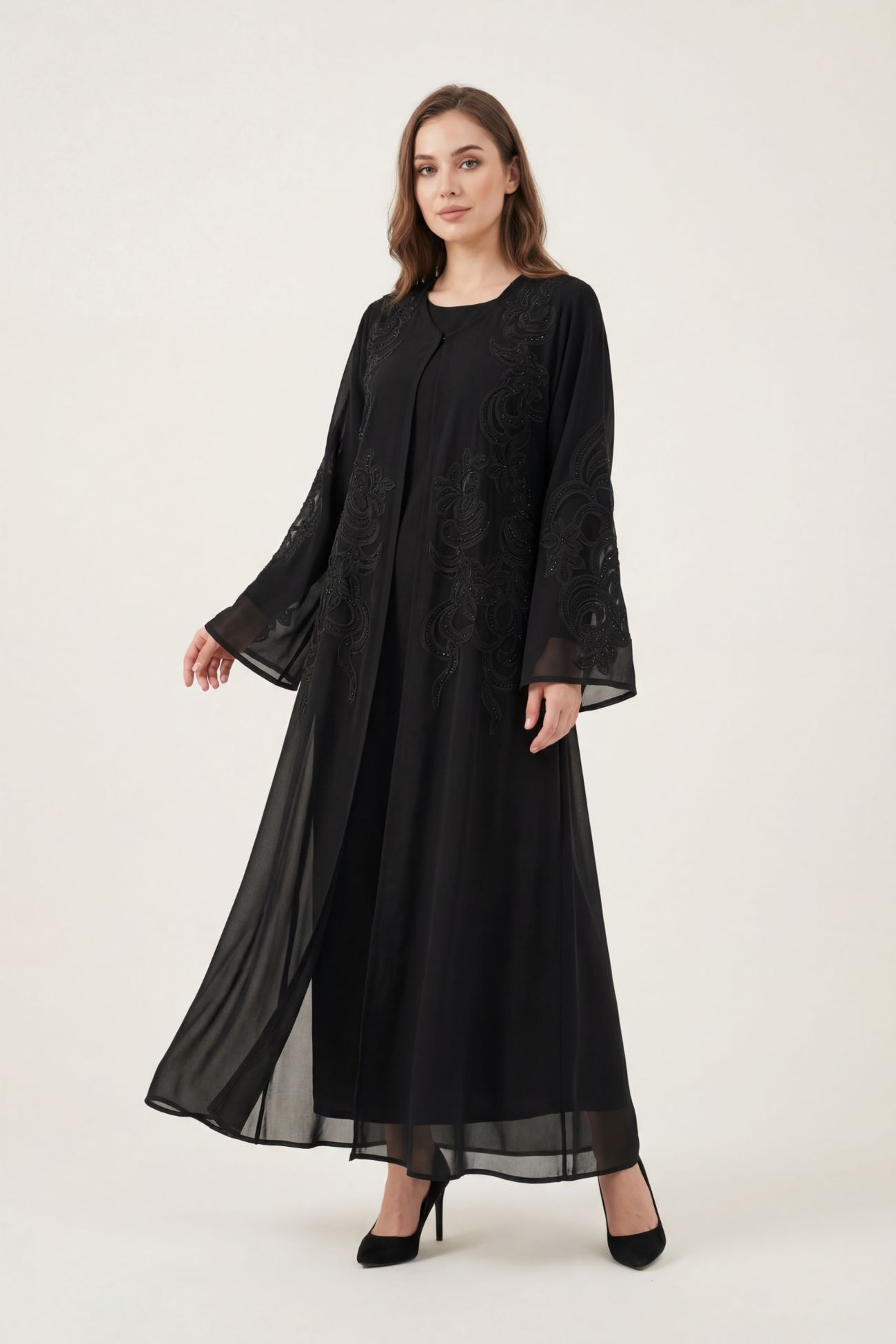 Black Chiffon with Net Applique Embroidery/Stones