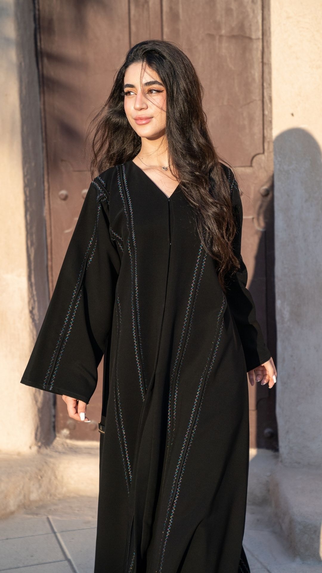 Multicolour Embroidered abaya with pintuck detail.