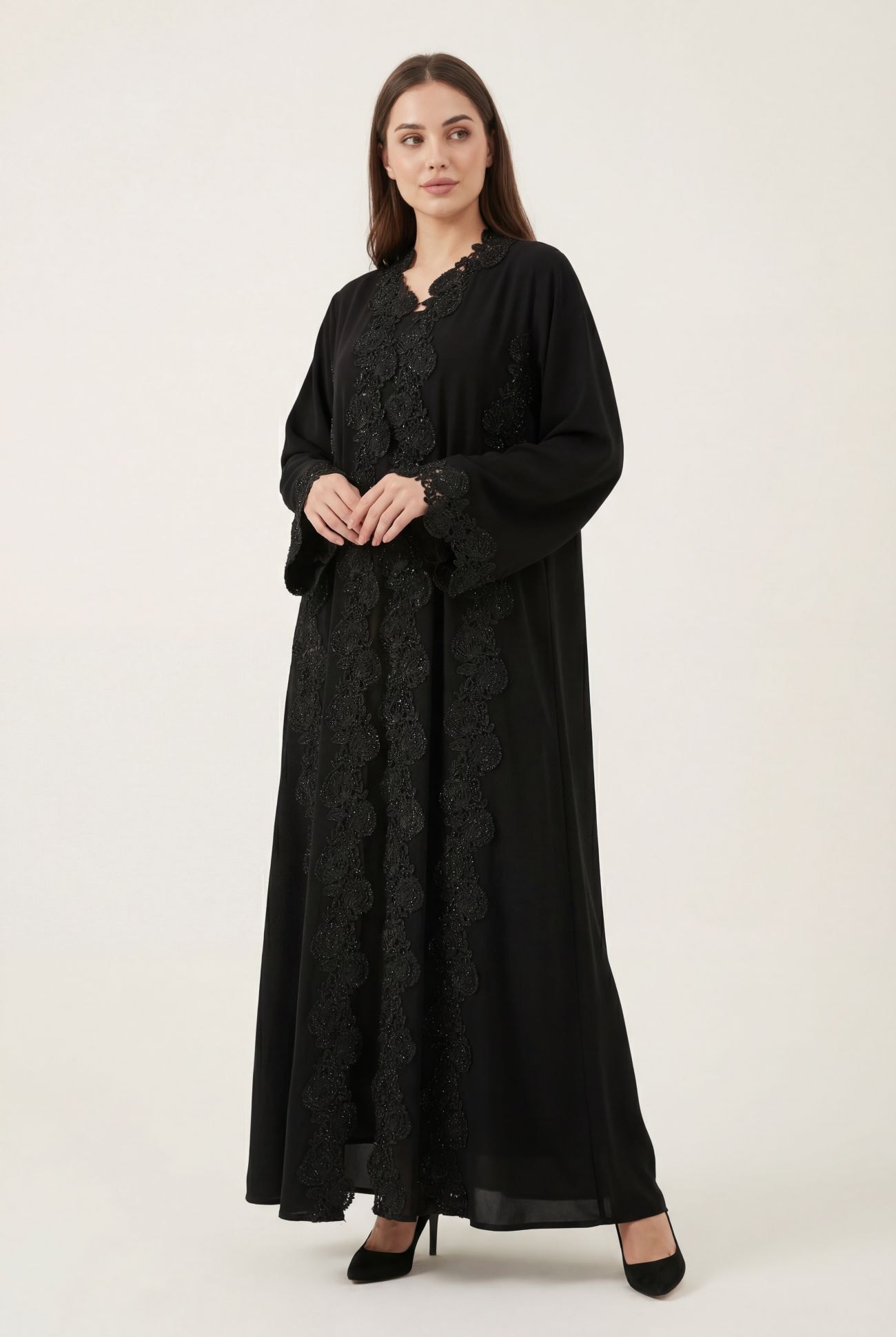 Black Embroidered Rose Net Lace with Stones — Black 1