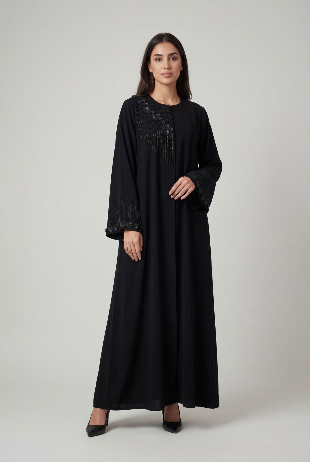 Black with Embroidery and Leather Flowers