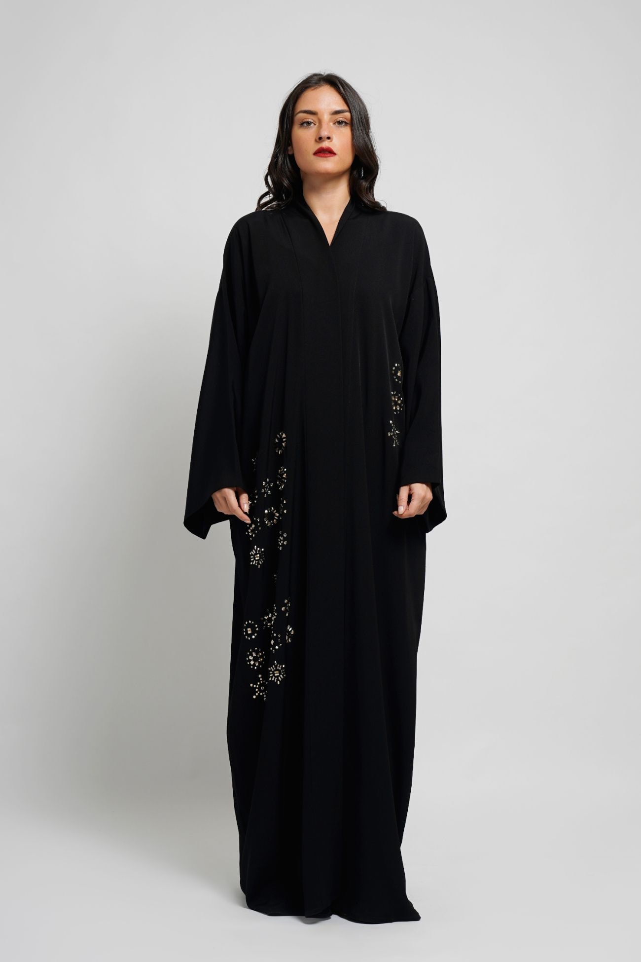 Black T-cut abaya embellished with Golden Swarovski crystal