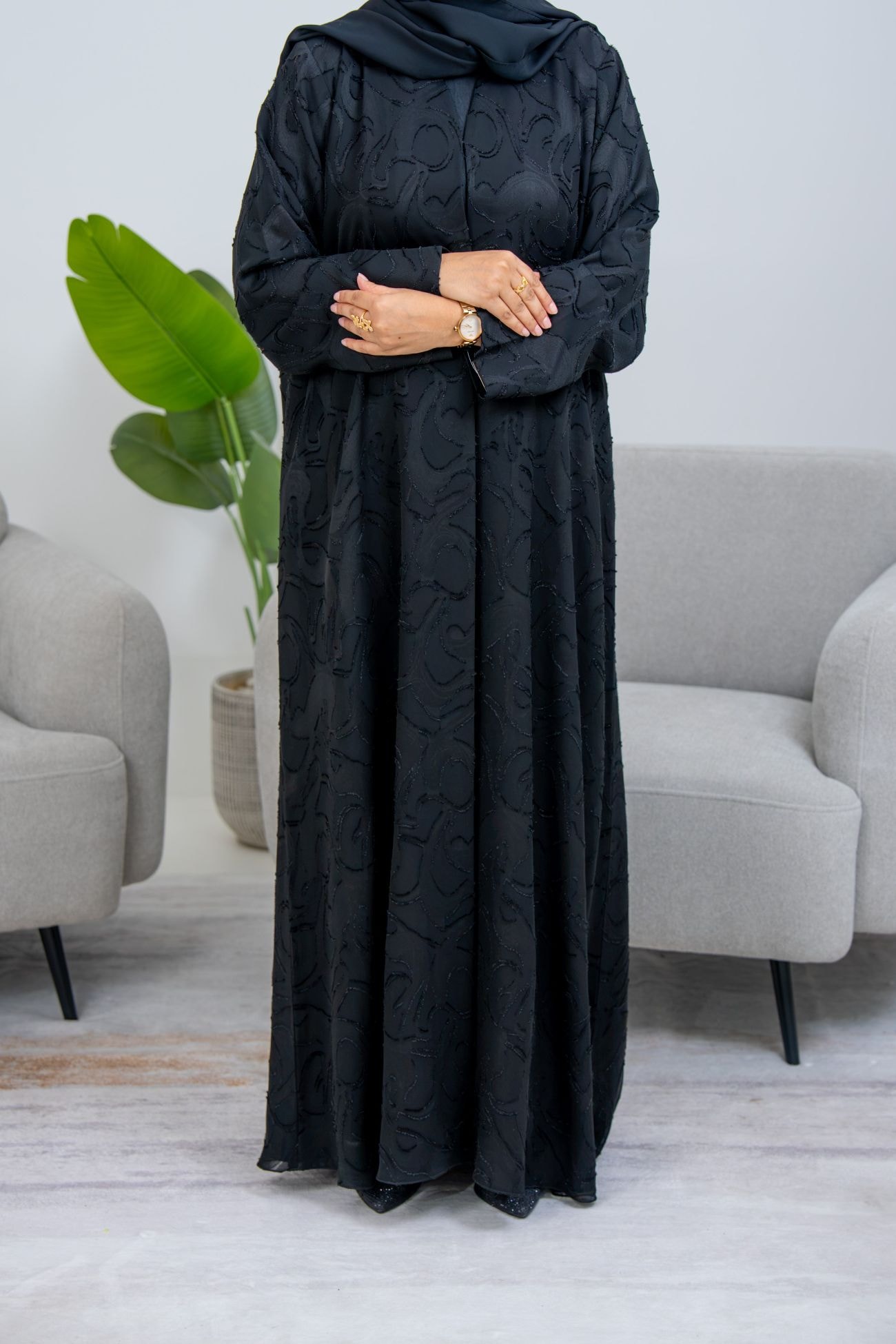 Black Textured Abaya - semi stitched