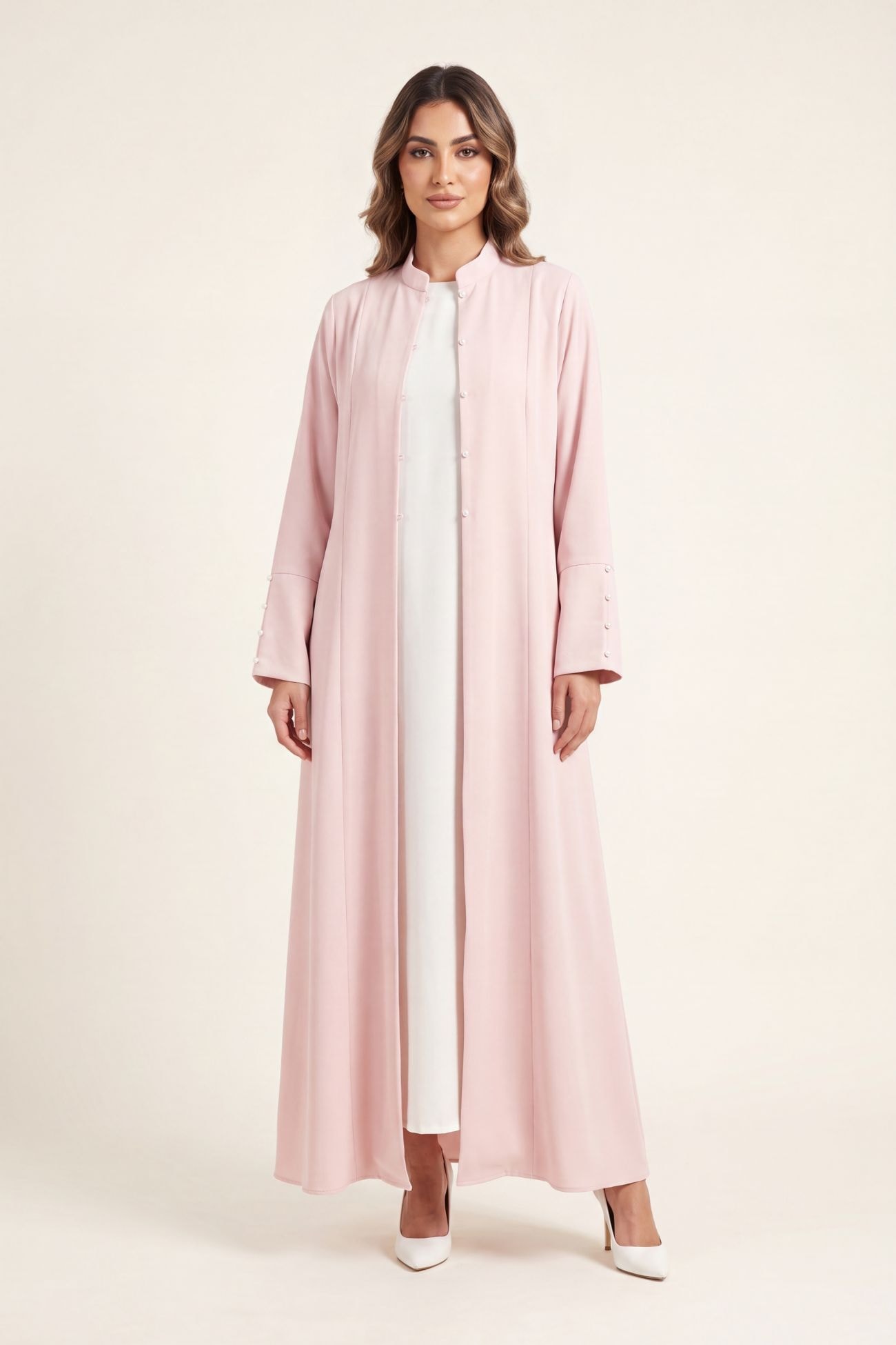 Baby Pink MS Nida Abaya with Pearl Button Details