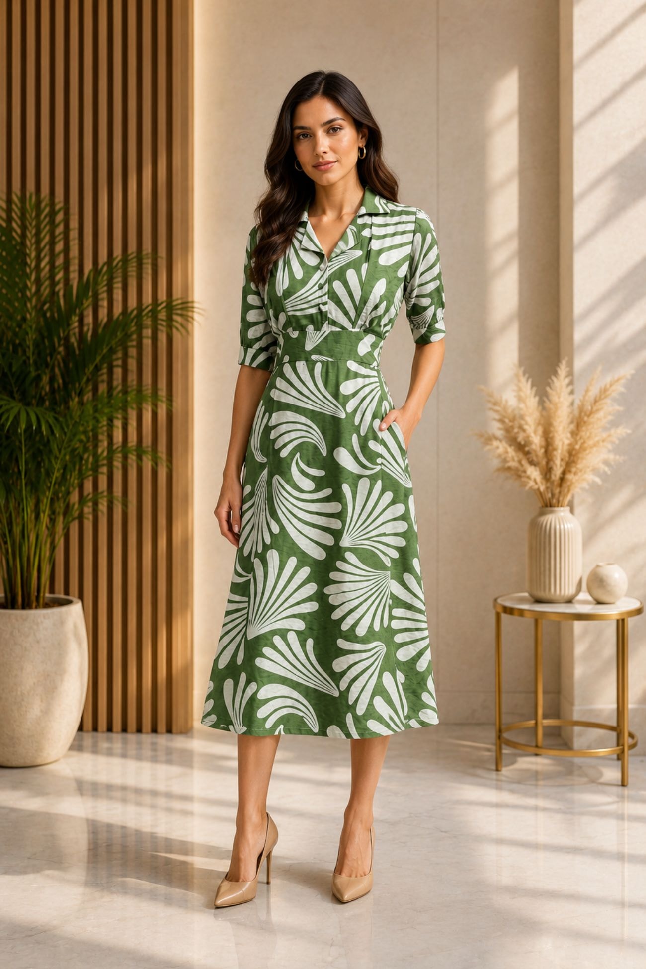 Tropical Fan Leaf Midi Dress