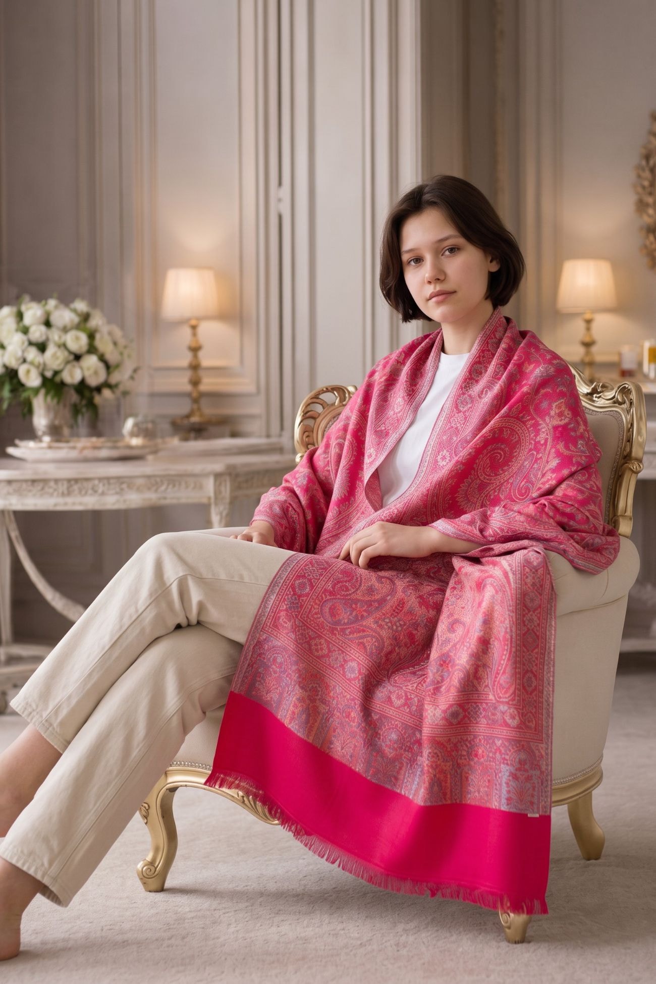 Pashmina - Handwoven Cotton Wool Shawl — Cerise pink