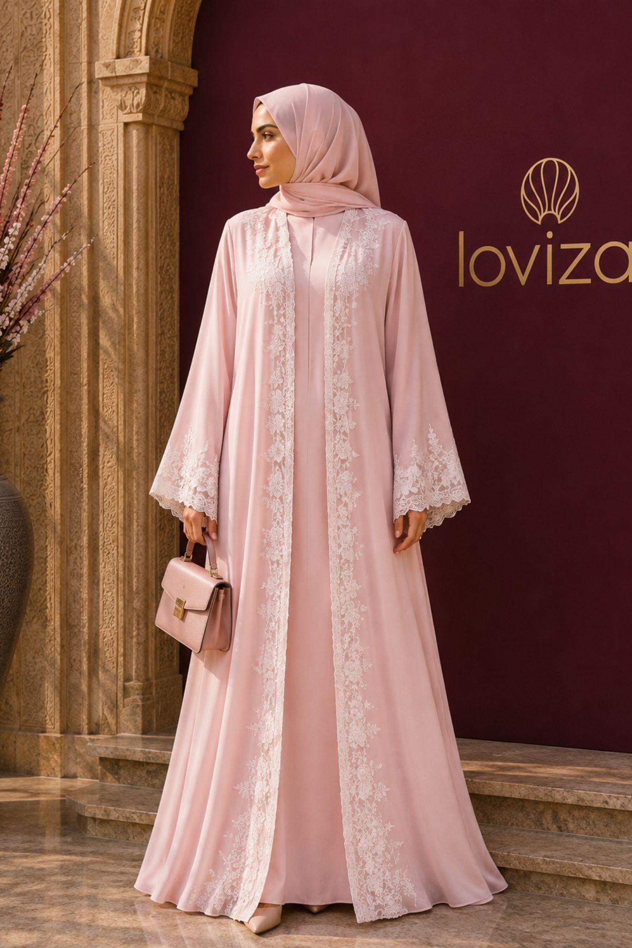 Haya Blush Pink Lace Abaya