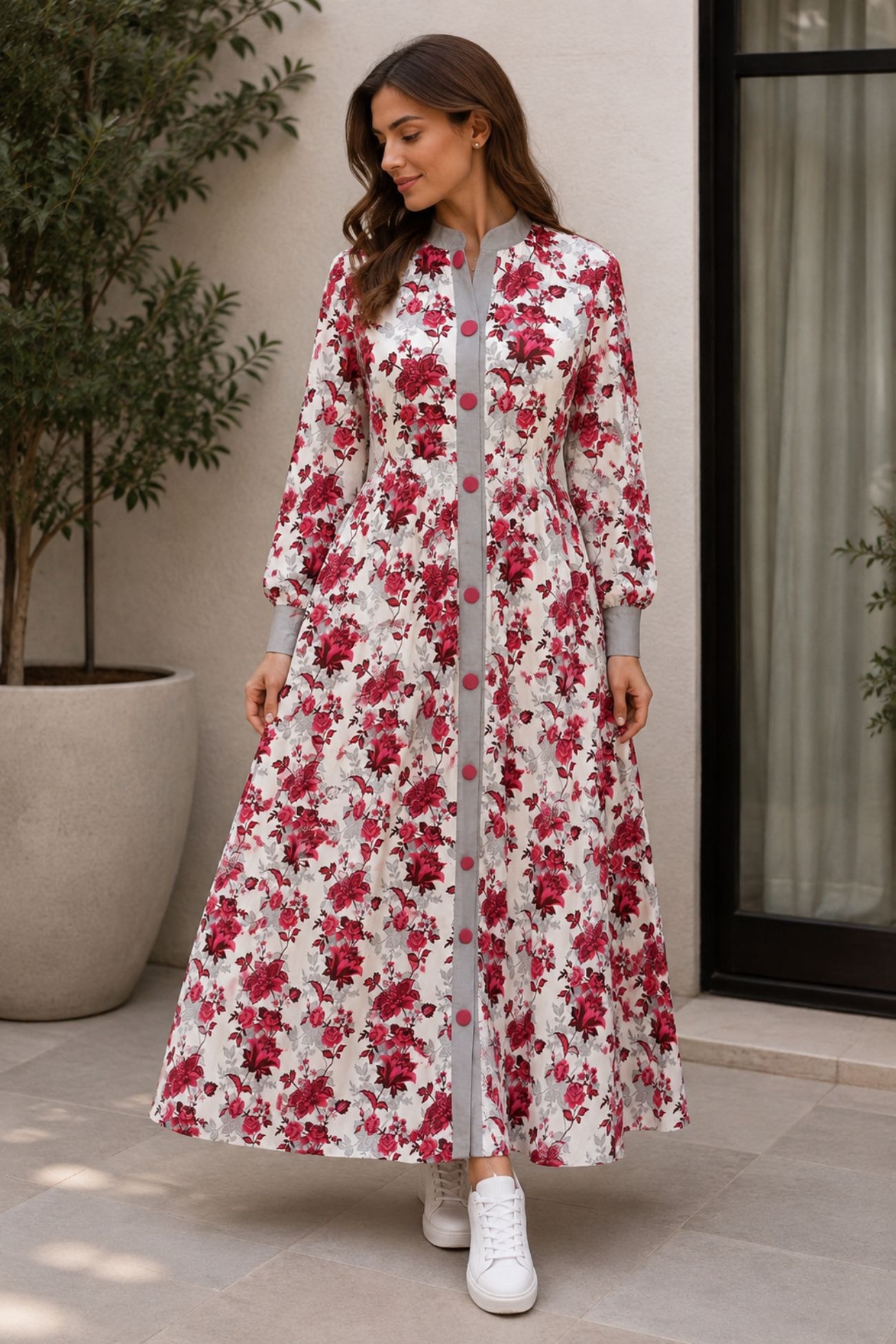 Libas Lab- Elegant Floral Printed Button-Down Maxi Dress