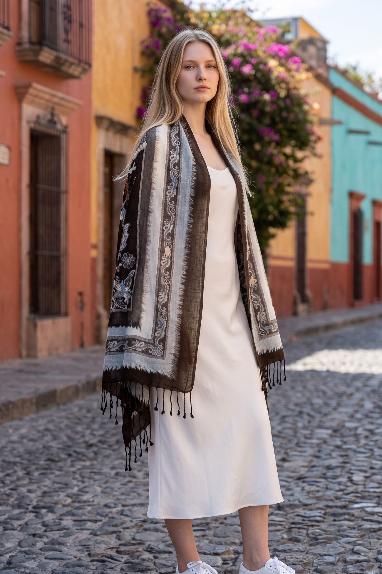 Boil Wool Embroidered Shawl — Brown
