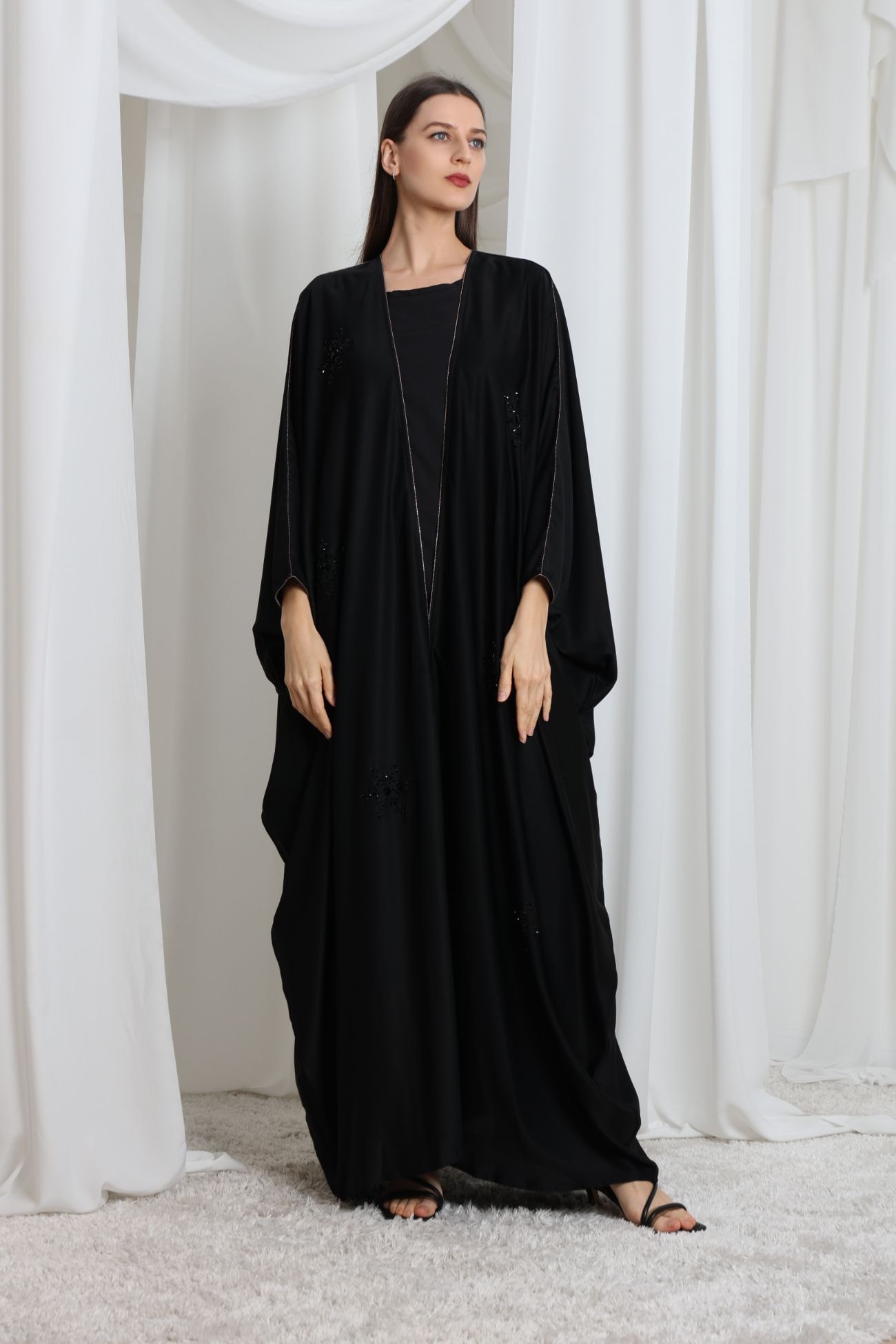 Black butterfly-cut abaya embellished with White Silver Swarovski crystal — Black 1