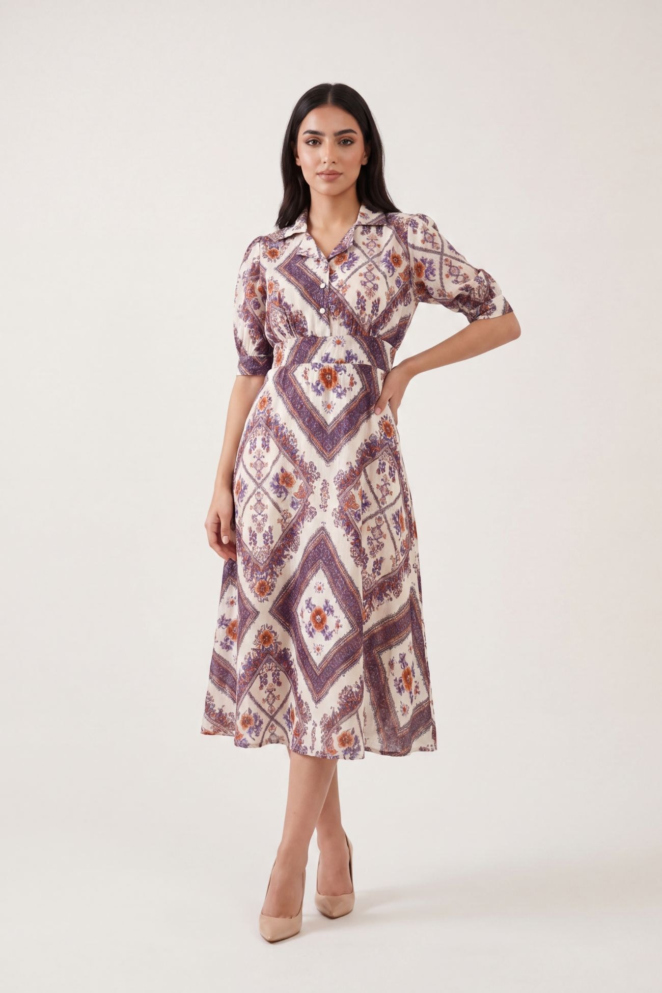 Vintage Mosaic Floral Midi Dress
