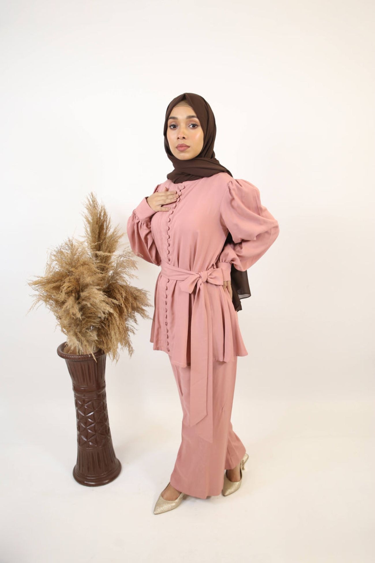 Libas lab Shabab- Chic linen two piece co-ord set with pleated top down buttons with detachable belt