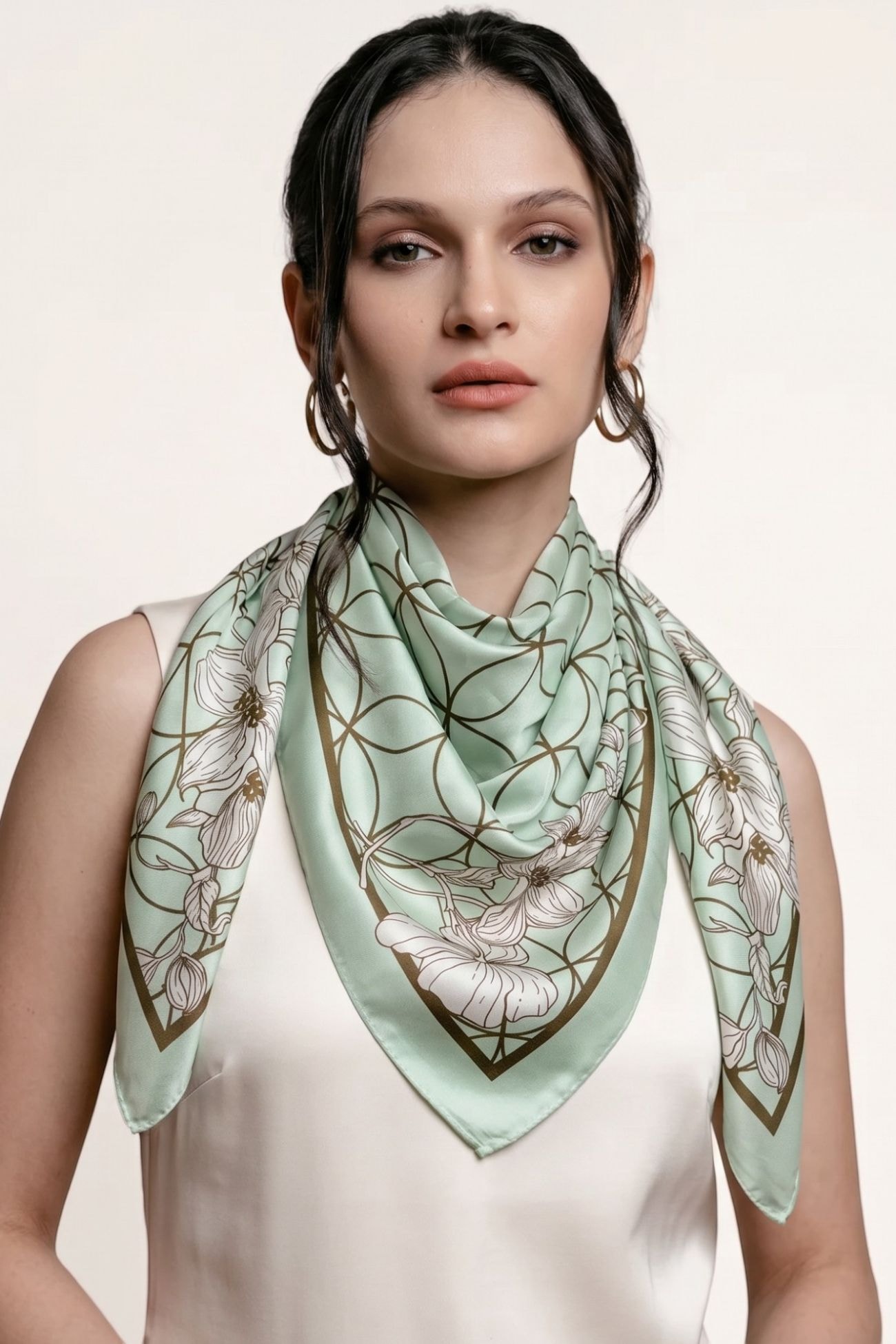 Elegant Floral Silk-Feel Scarf | 70 × 70 cm — Green