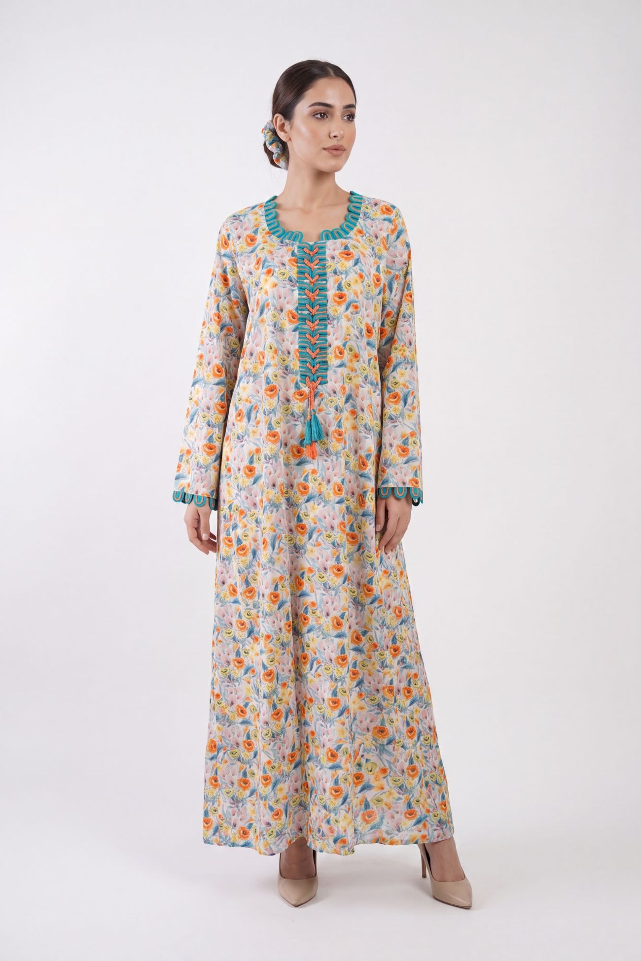 Floral Cotton Jalabiya with Braided Loop Detailing