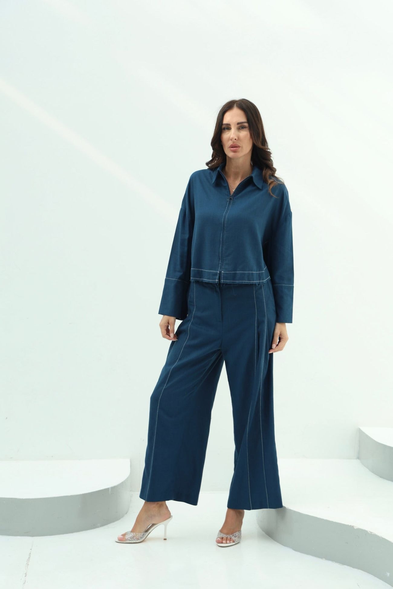 Dark Blue Linen Casual Wear