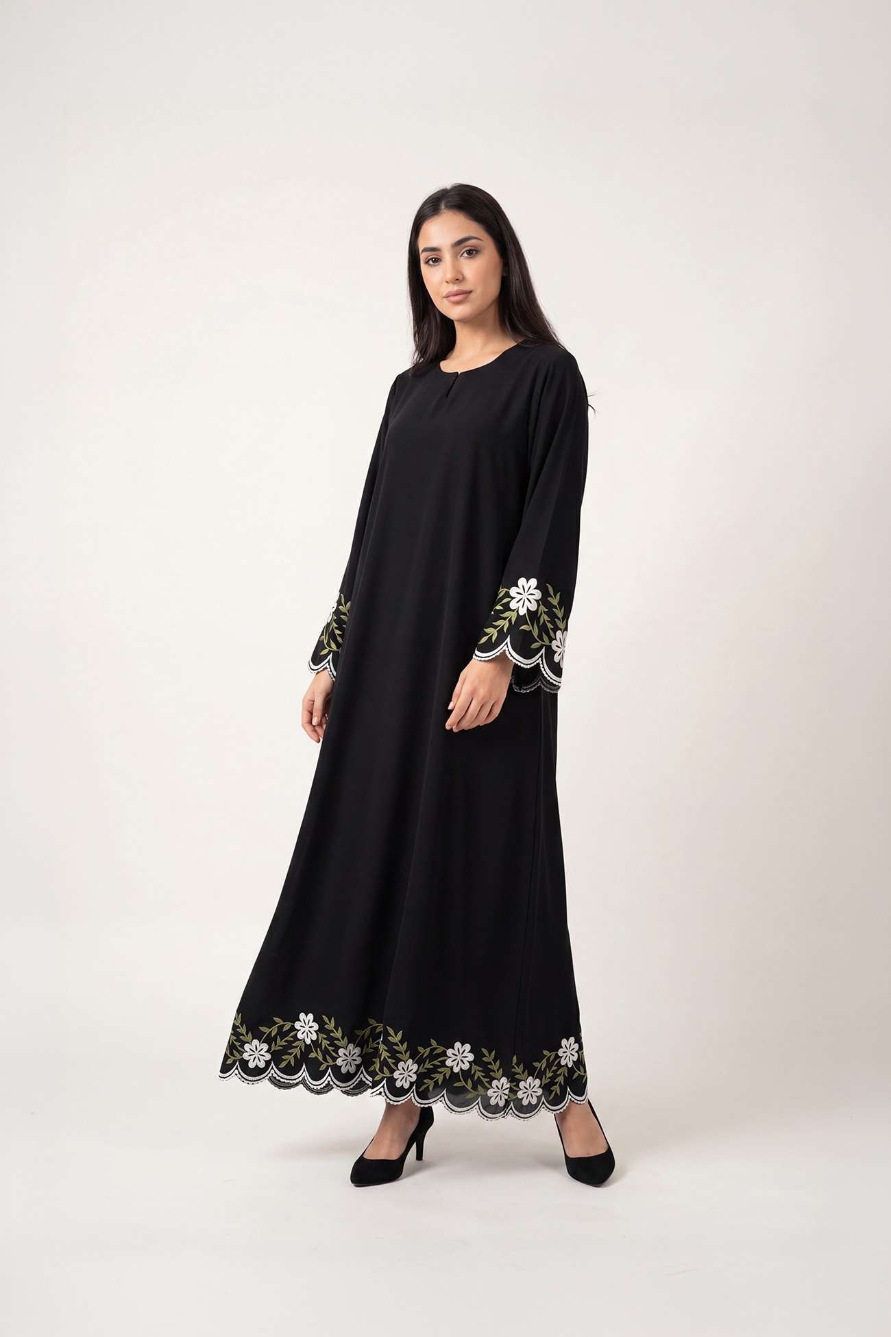 Noor White-Green flower abaya