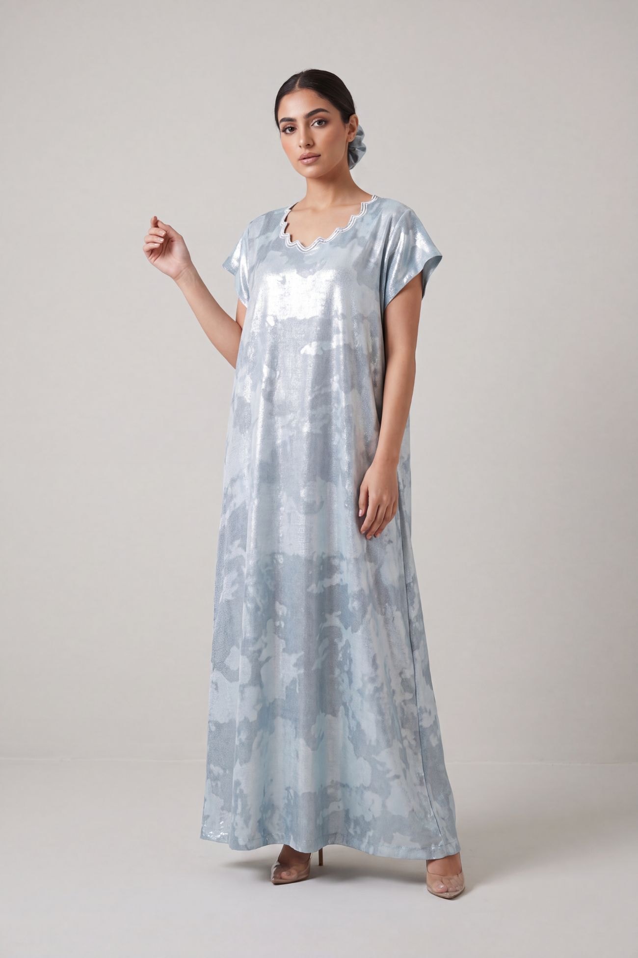 Ice Blue Metallic Silk Jalabiya with Talli Neckline