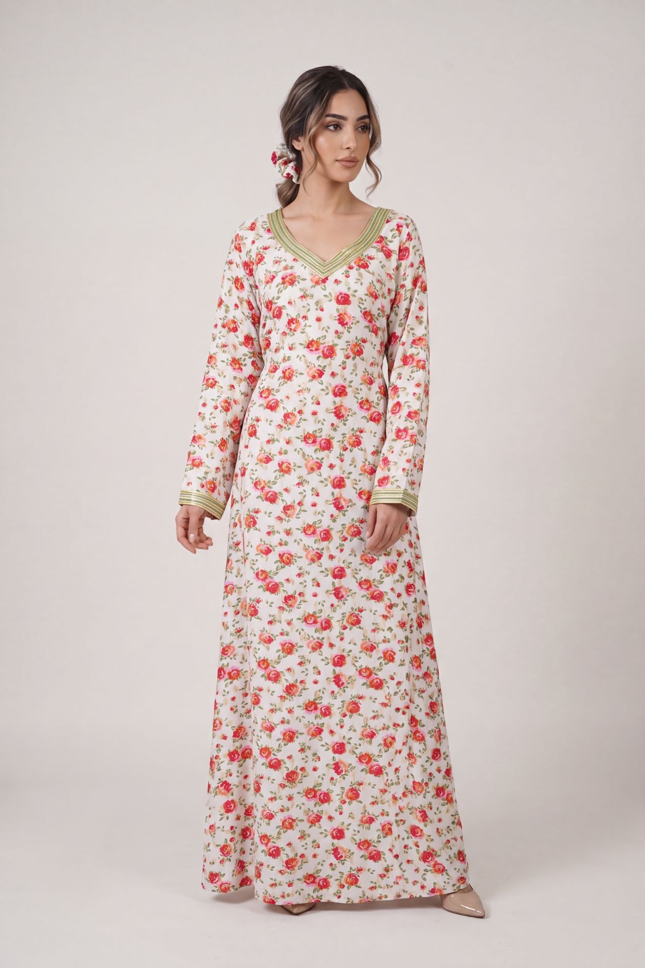 Floral Cotton Jalabiya with Gold Talli Trim