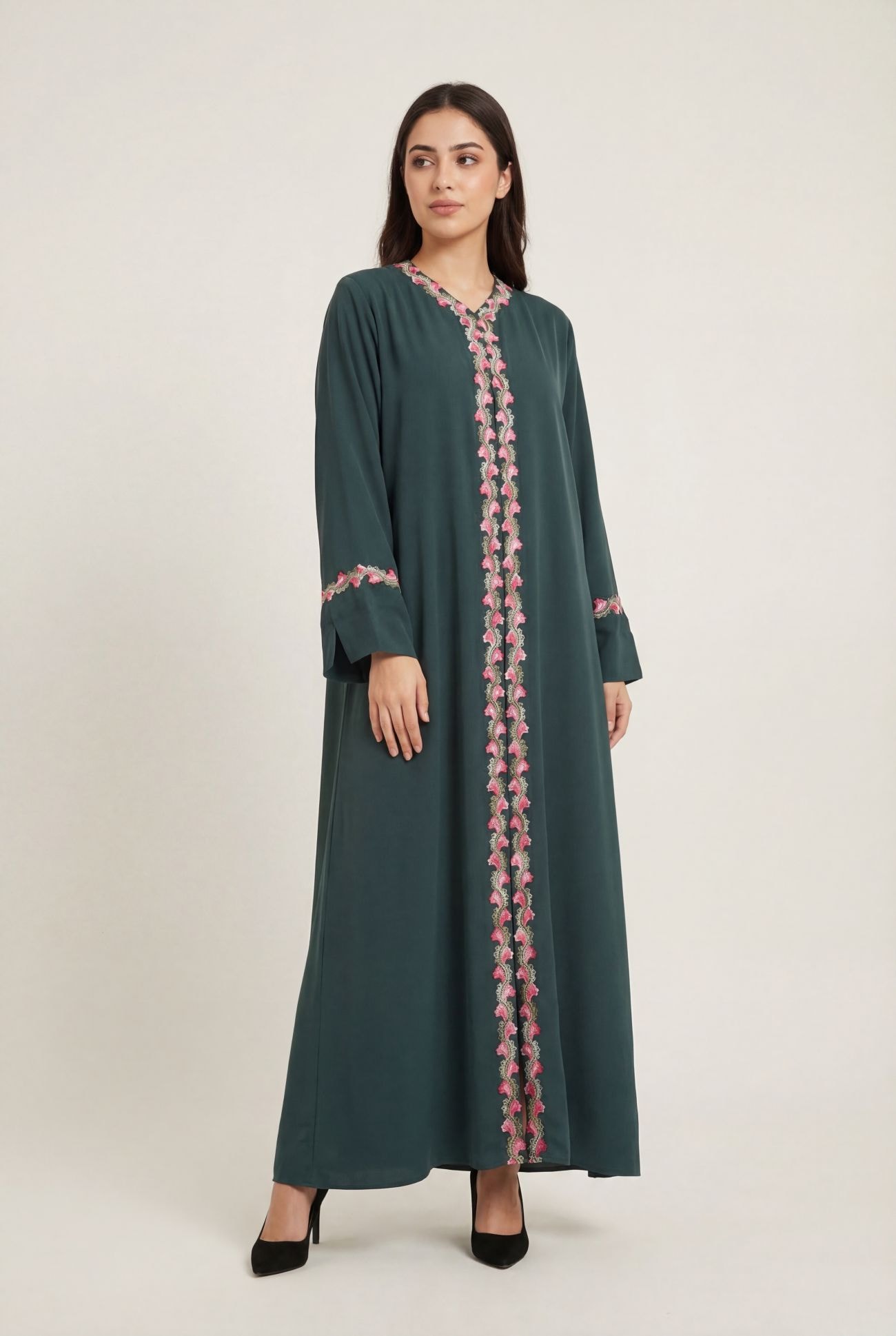 Dark Green Nida Fabric with Pink Embroidered Floral Lace