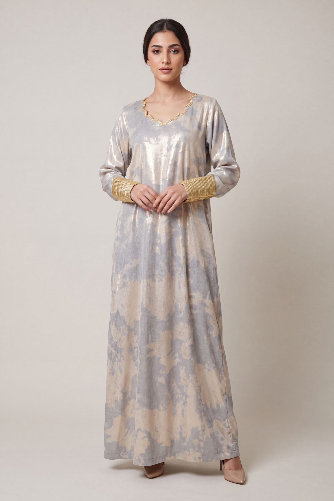 Metallic Silk Jalabiya with Gold Talli Detailing