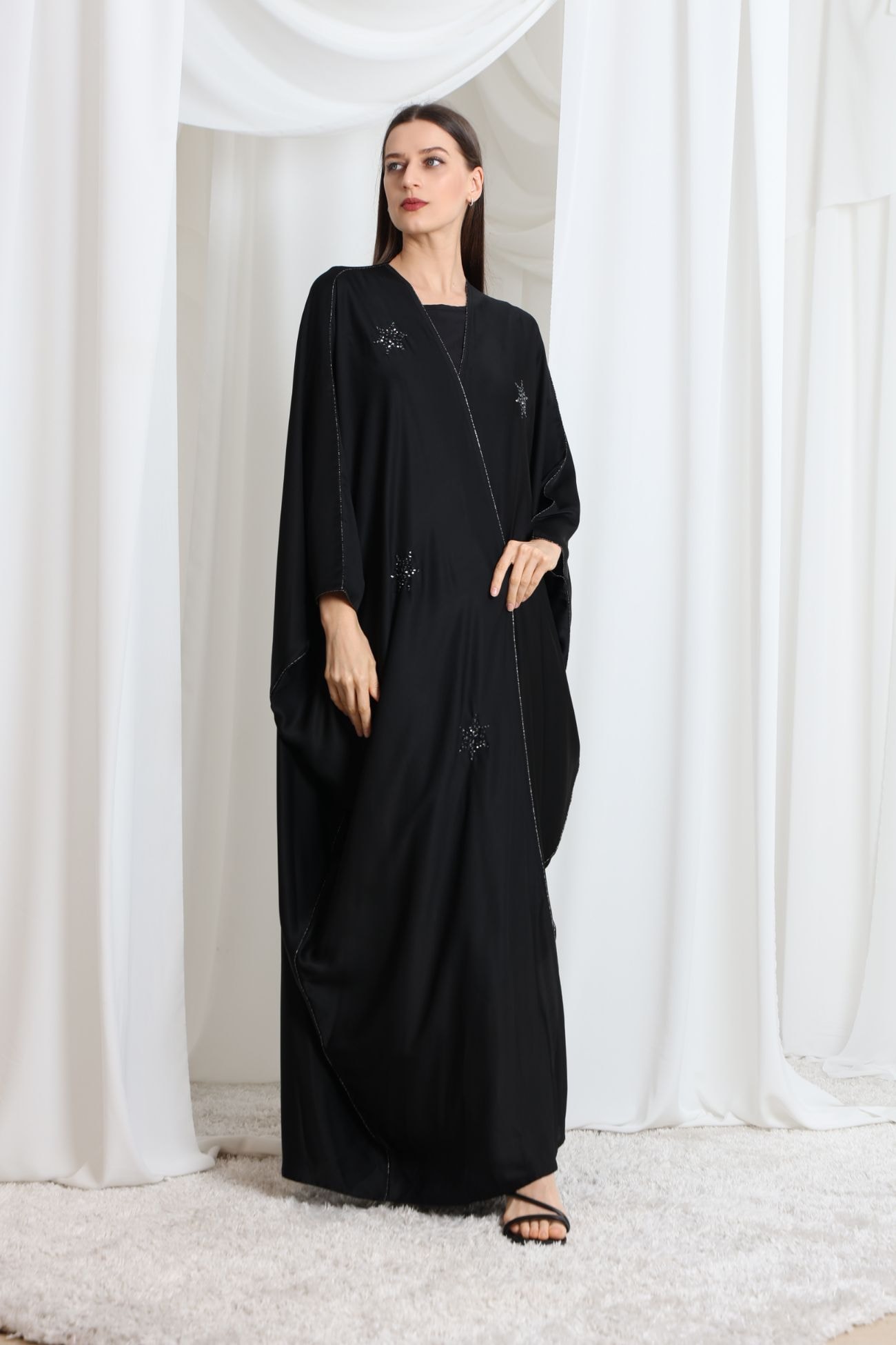 Black butterfly-cut abaya embellished with Hematite Swarovski crystal
