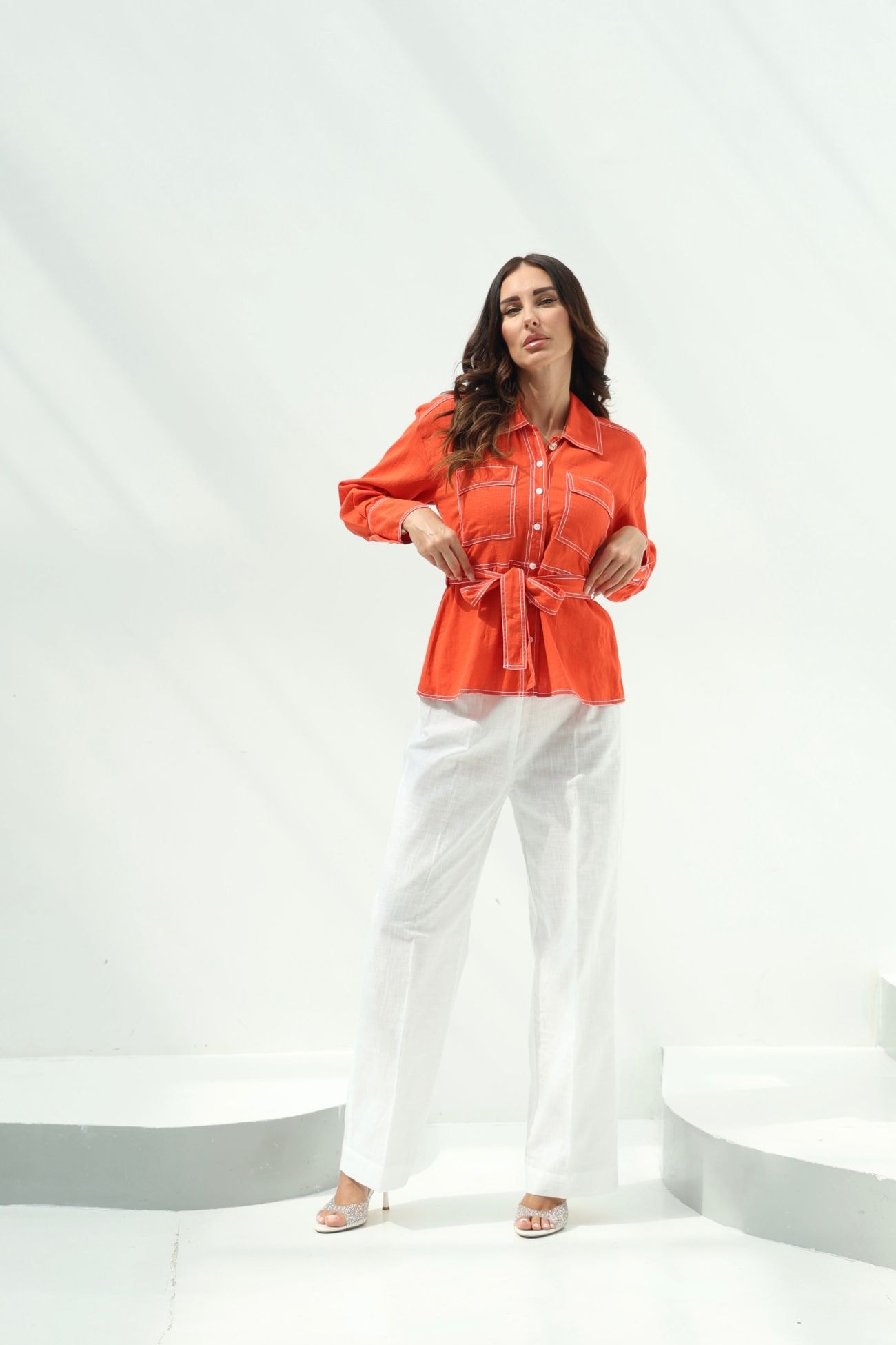Orange Belted Linen Casual Wear