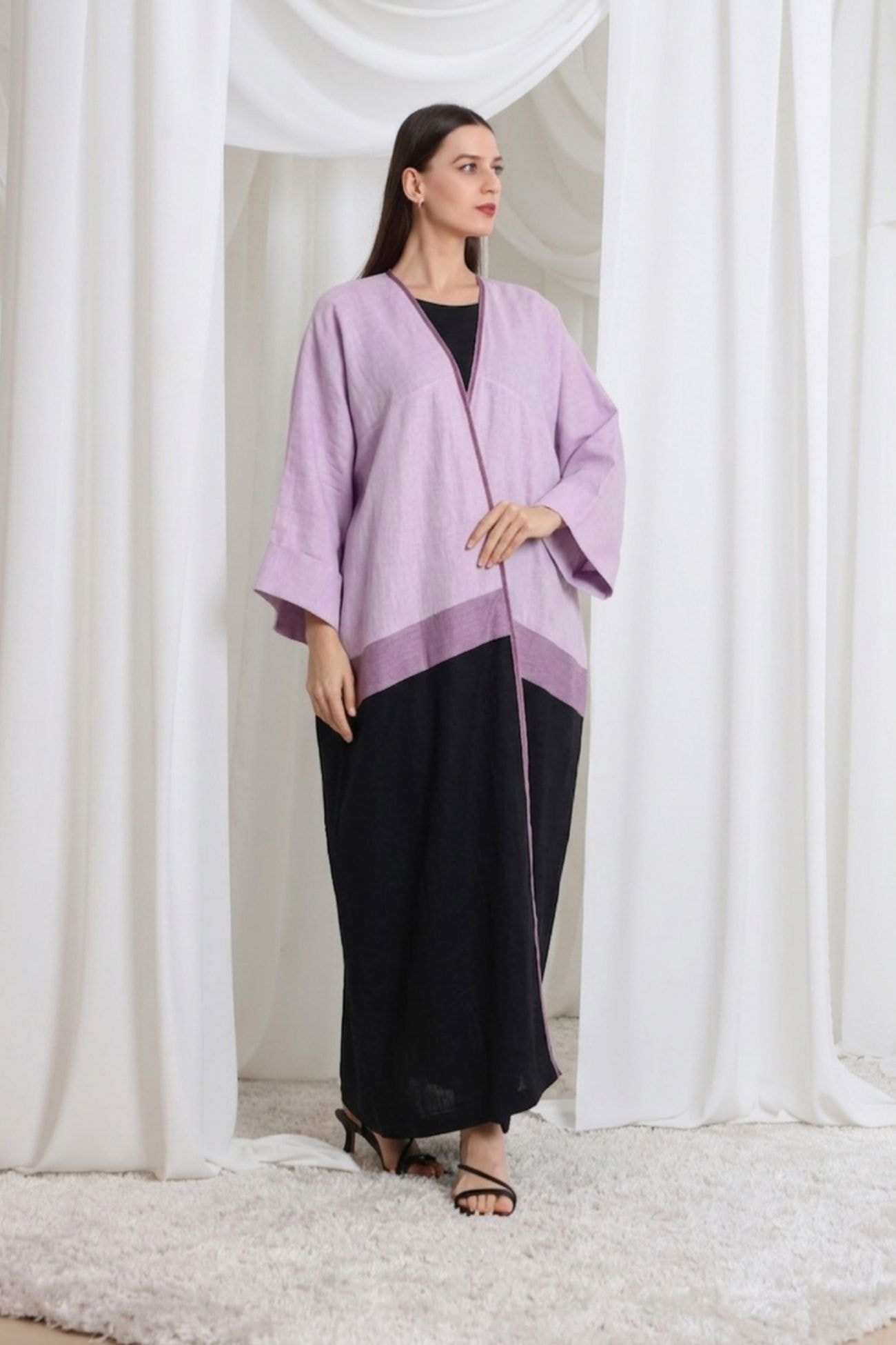 Multi Color light purple and black linen abaya