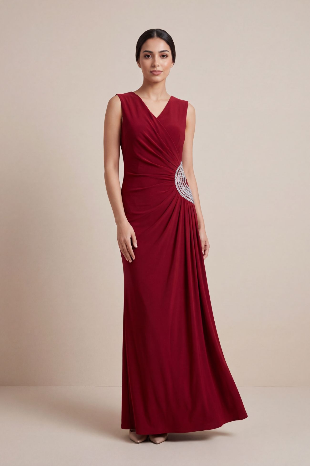 Crystal Embellished Ruched Evening Maxi Dress