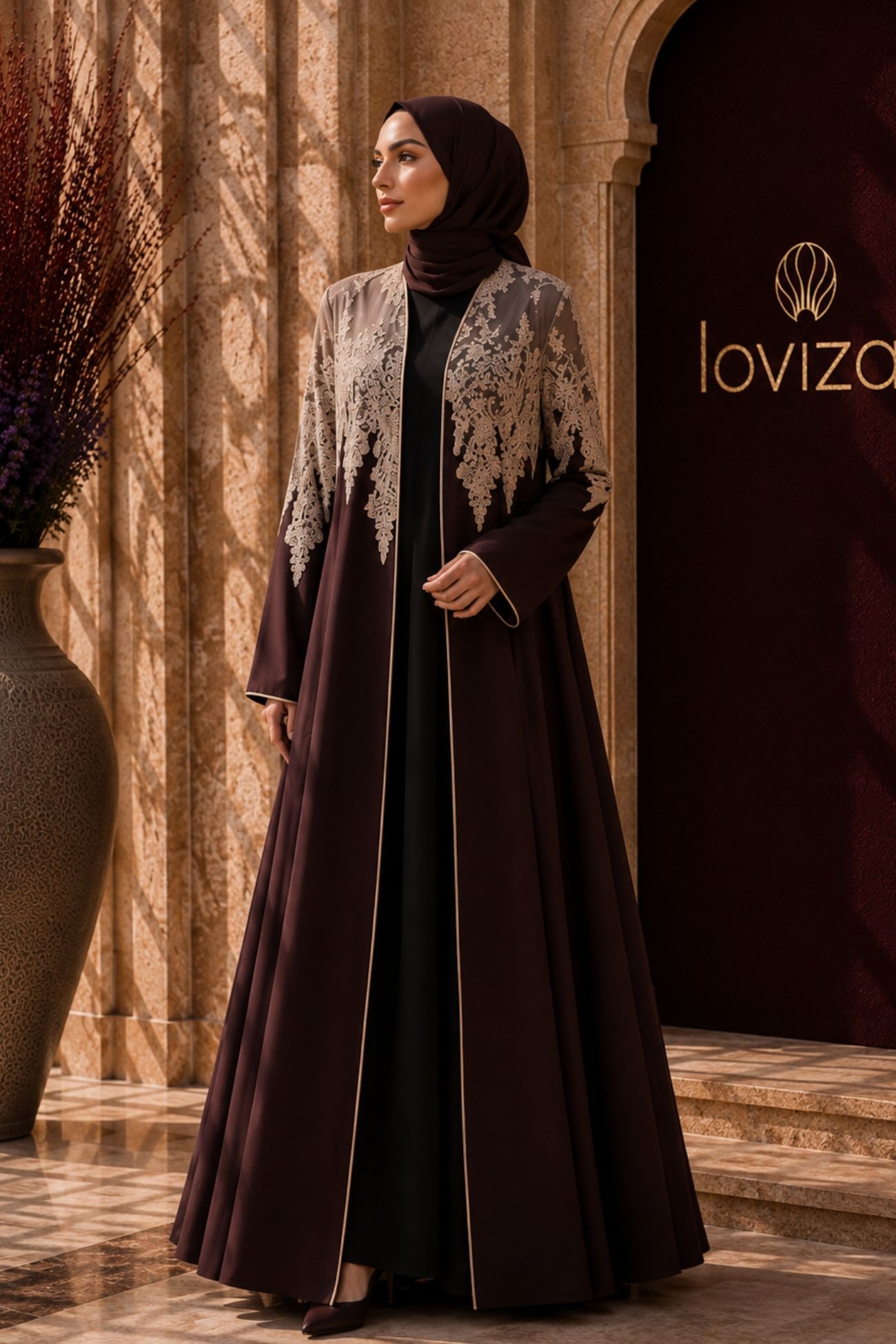 Layal Espresso & Taupe Lace Abaya