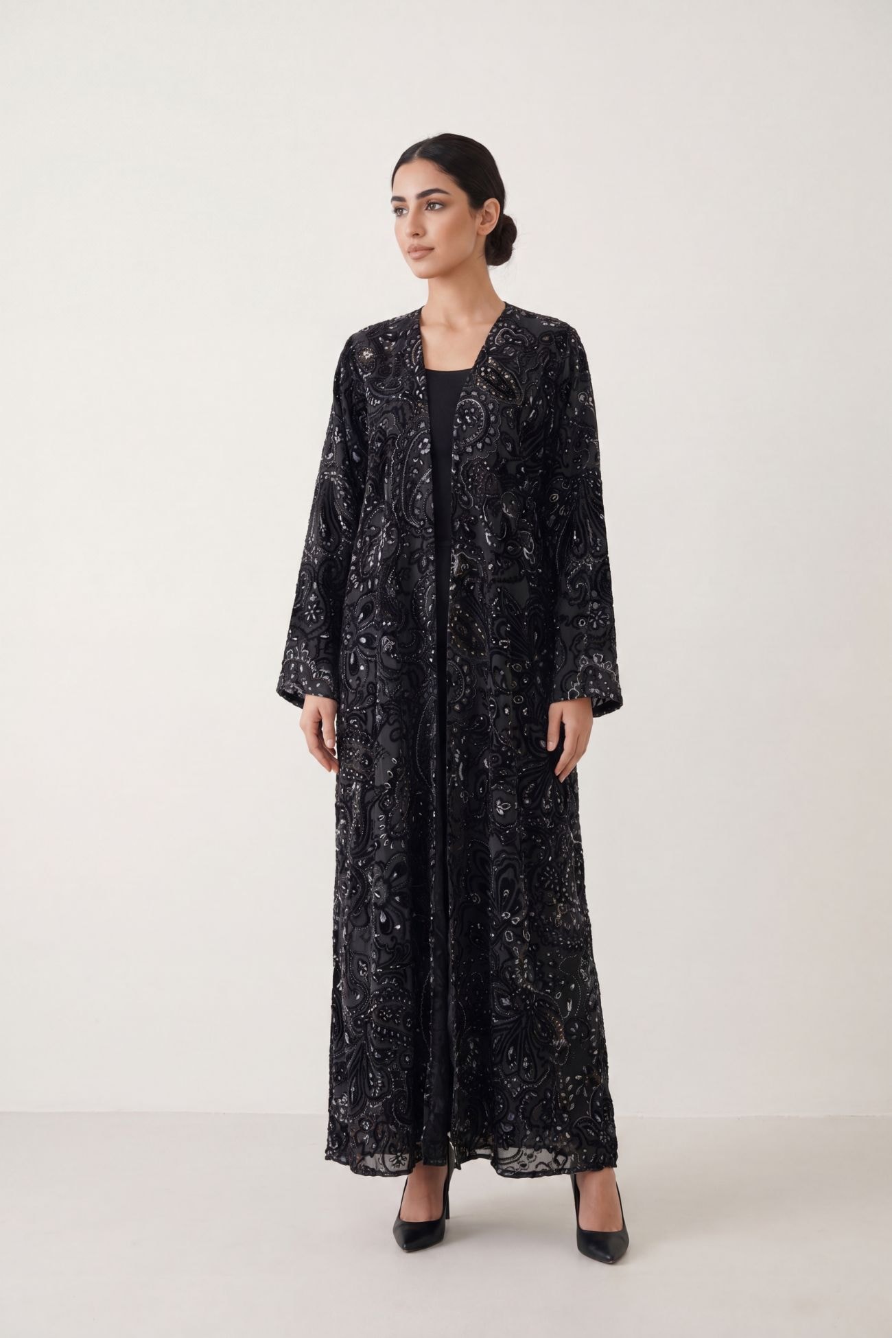 Velvet mesh texture print fabric Abaya