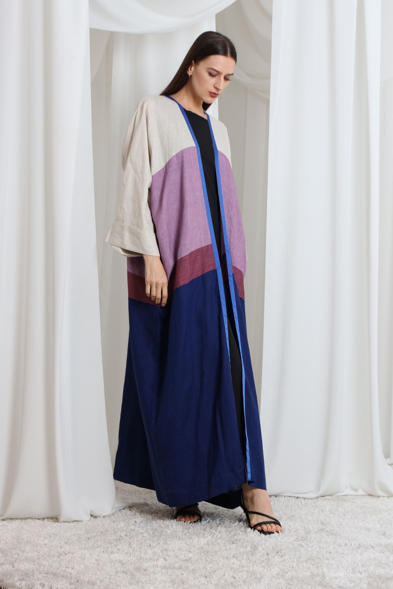 Multi Color beige-blue linen abaya