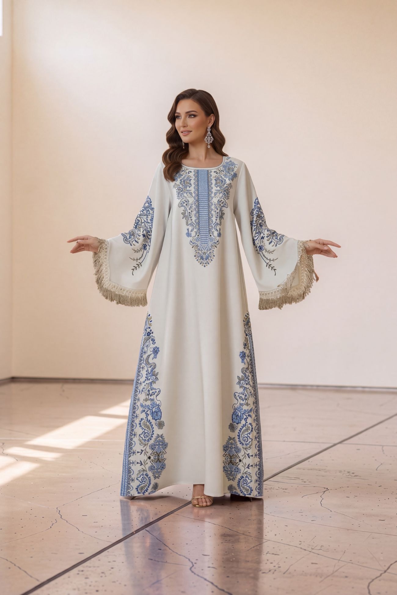 Ivory Blue Rhinestone Printed Kaftan