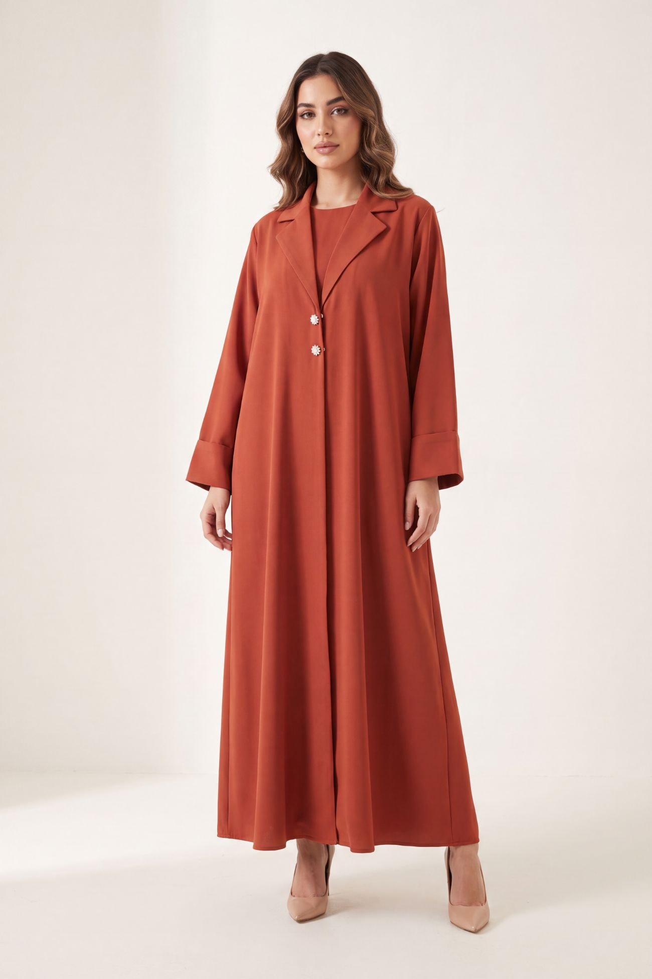 Rust Crepe Abaya with Brooch Button & Matching Sheila