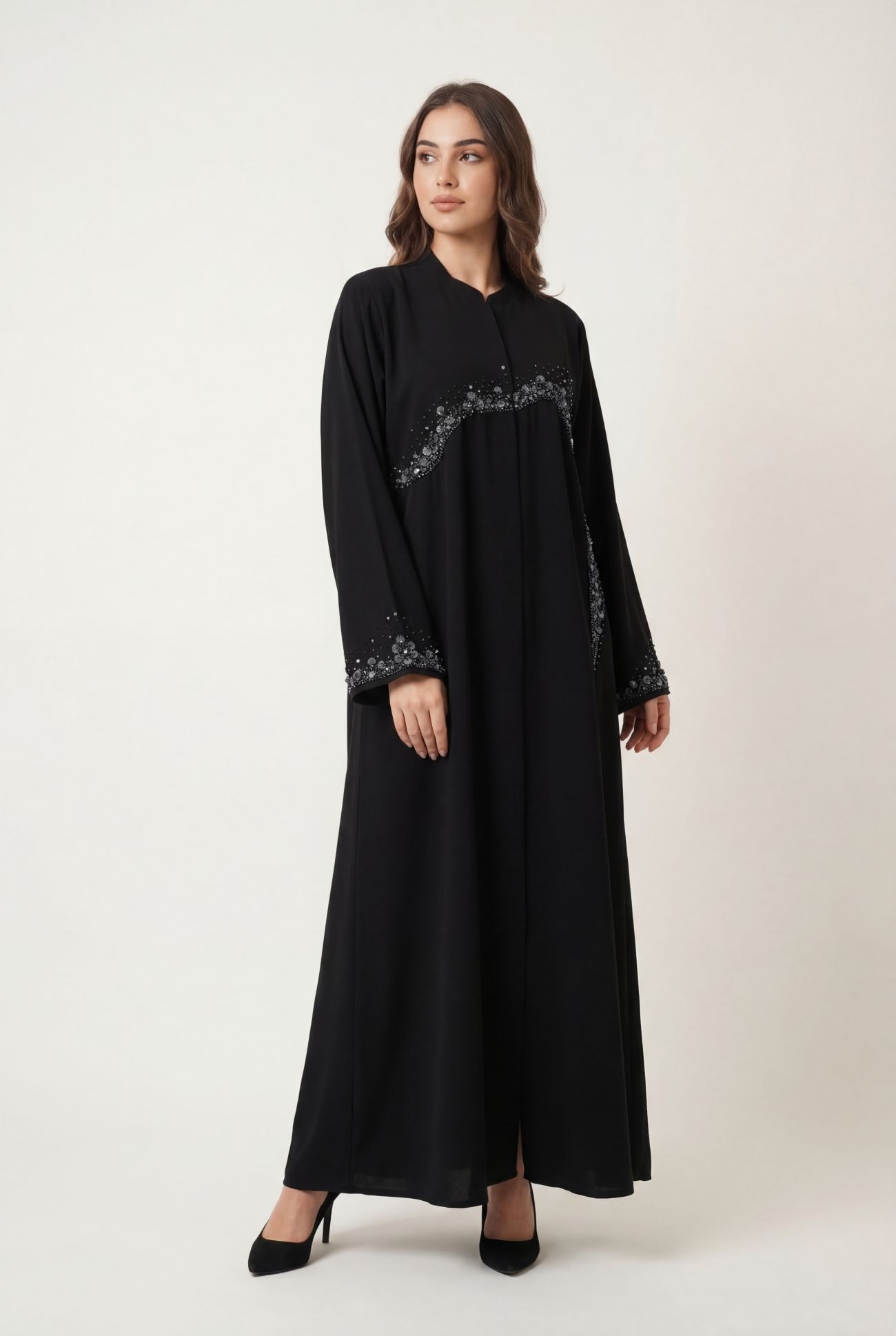 Black with Embroidered Grey Silver Beads with Shell Like Petals