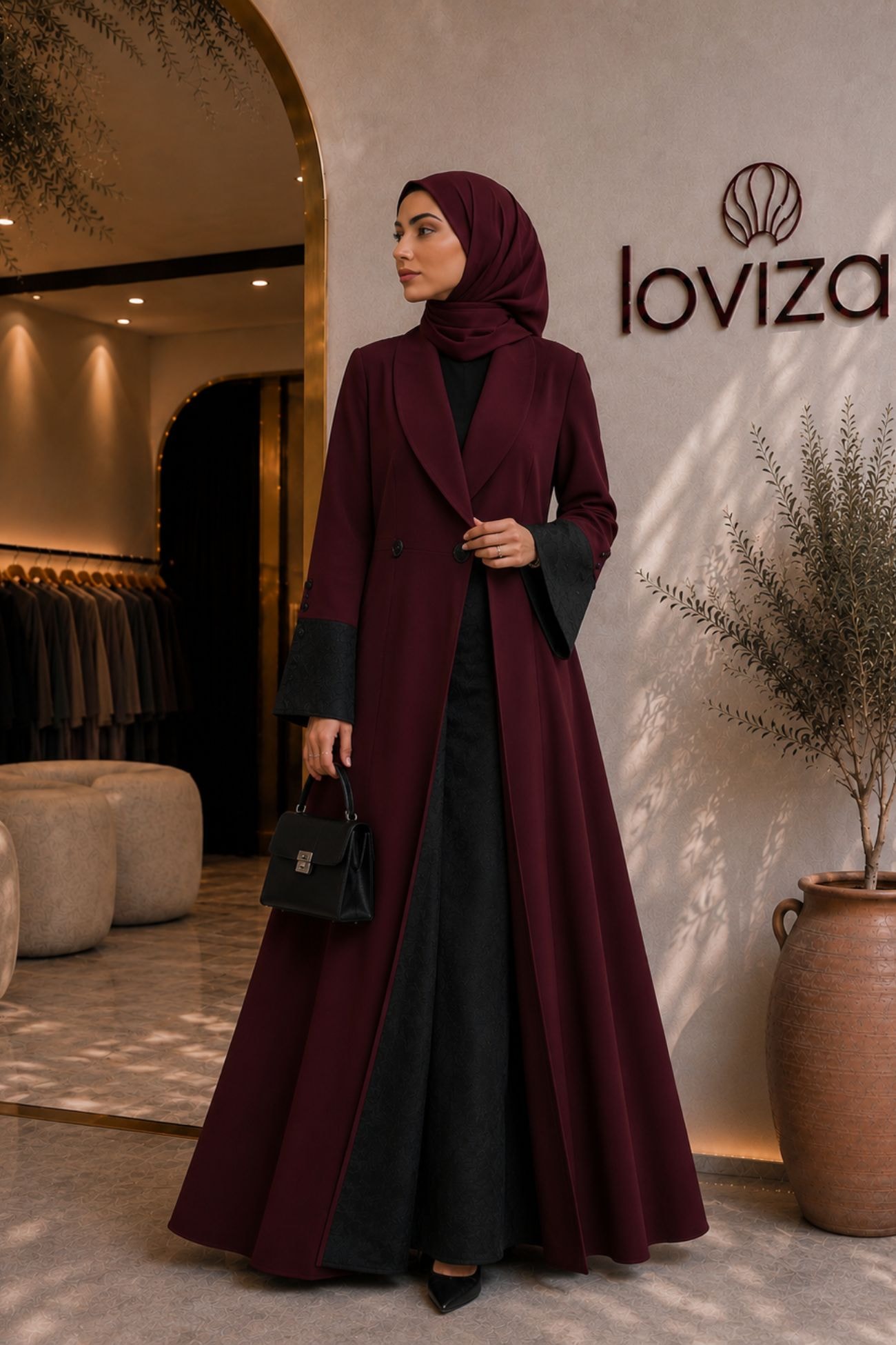 Burgundy Noir Contrast Blazer Abaya