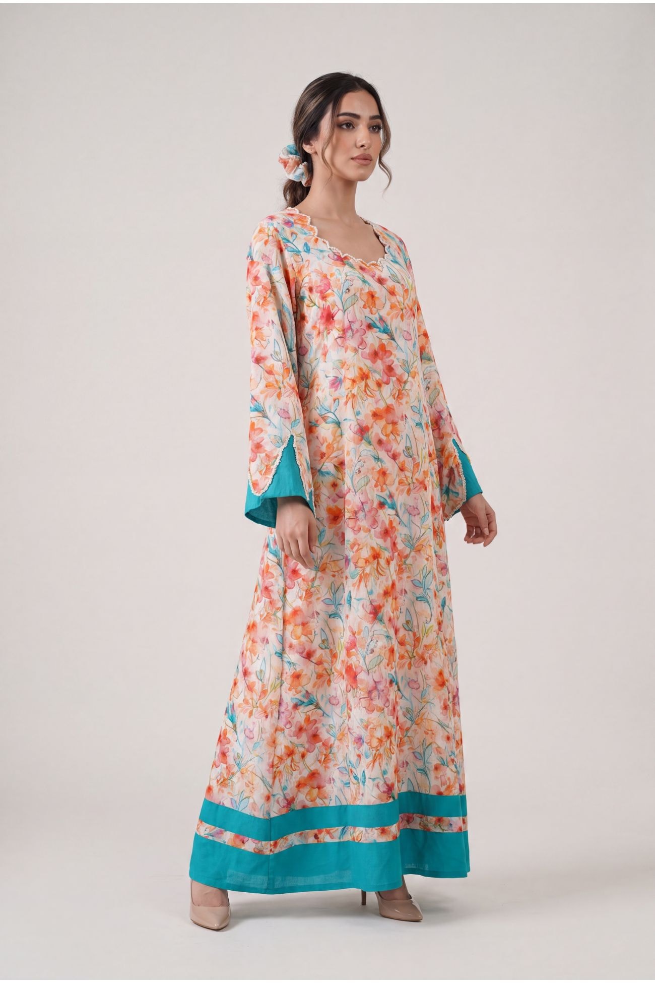 Pearl-Trim Floral Cotton Jalabiya