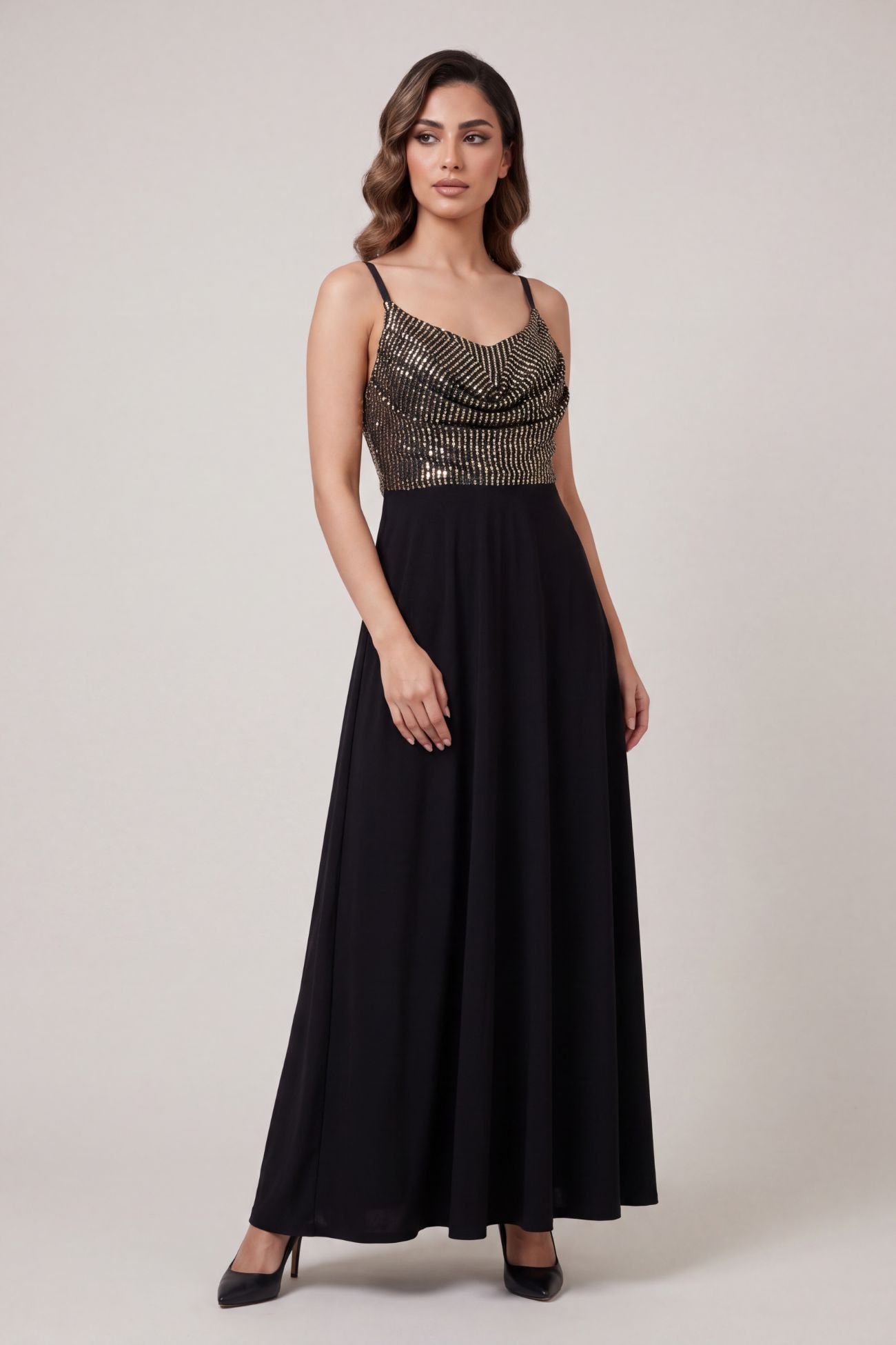 Black Sequin Cowl Neck Maxi Party Dress