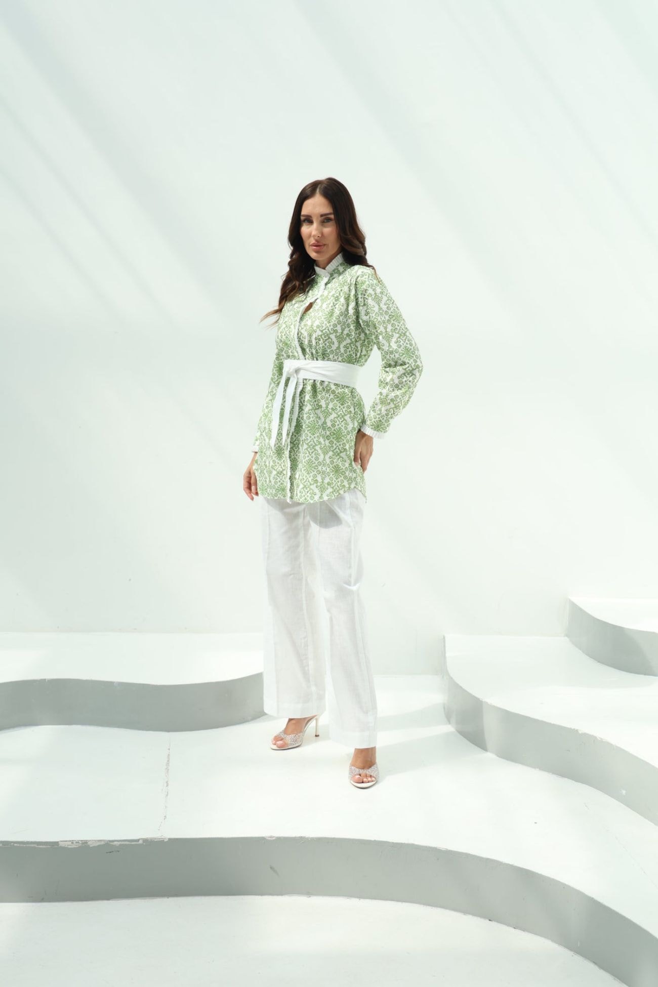 Green Belted Cotton Casual Wear