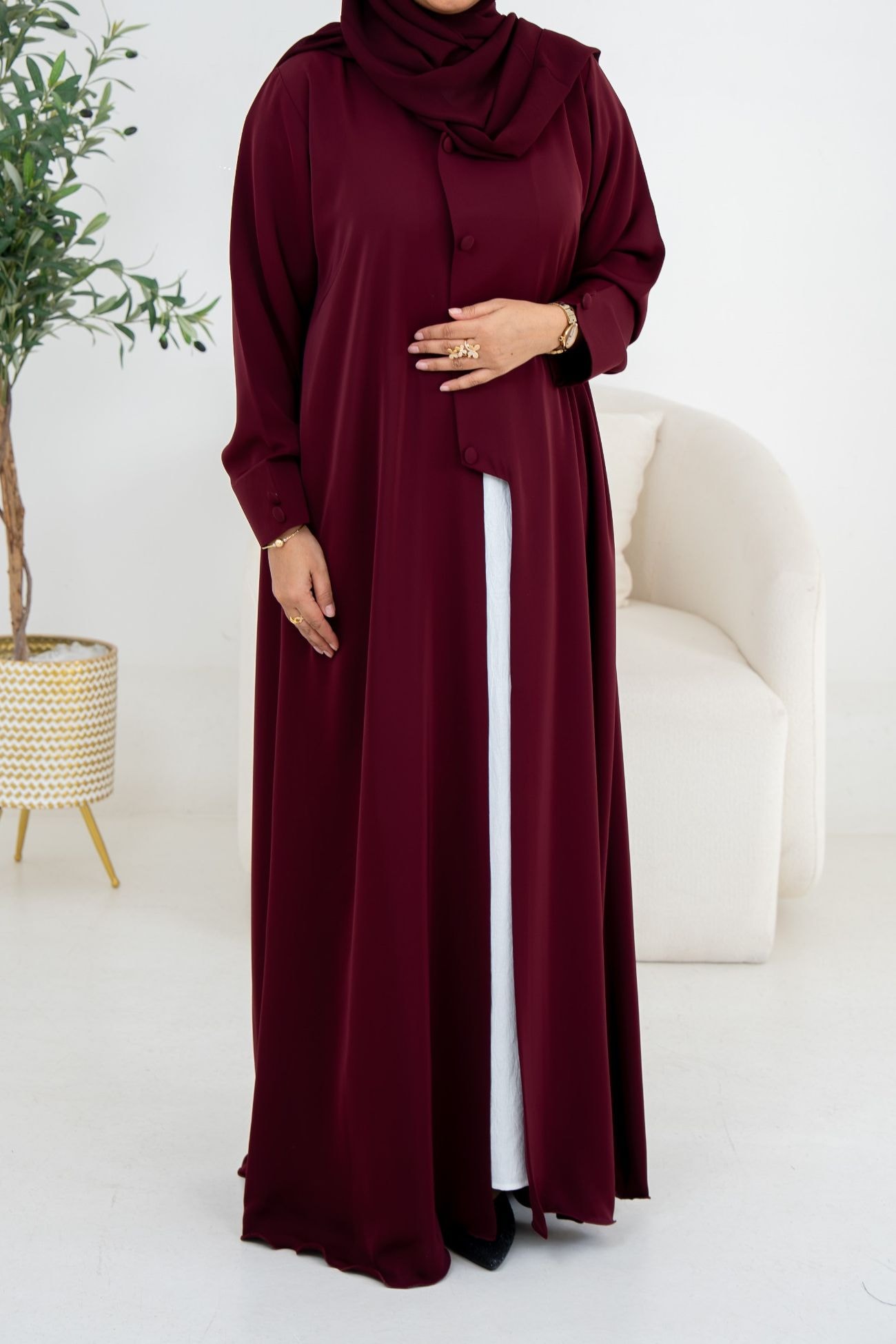 Burgundy Open Abaya with pockets - semi stitched
