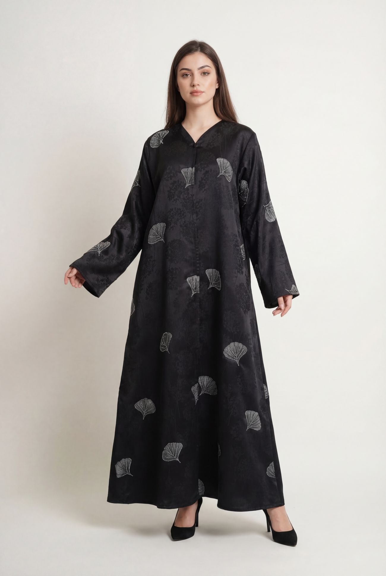Black Jacquard Fabric with Silver Printed Gingko Leaves with Stone Work