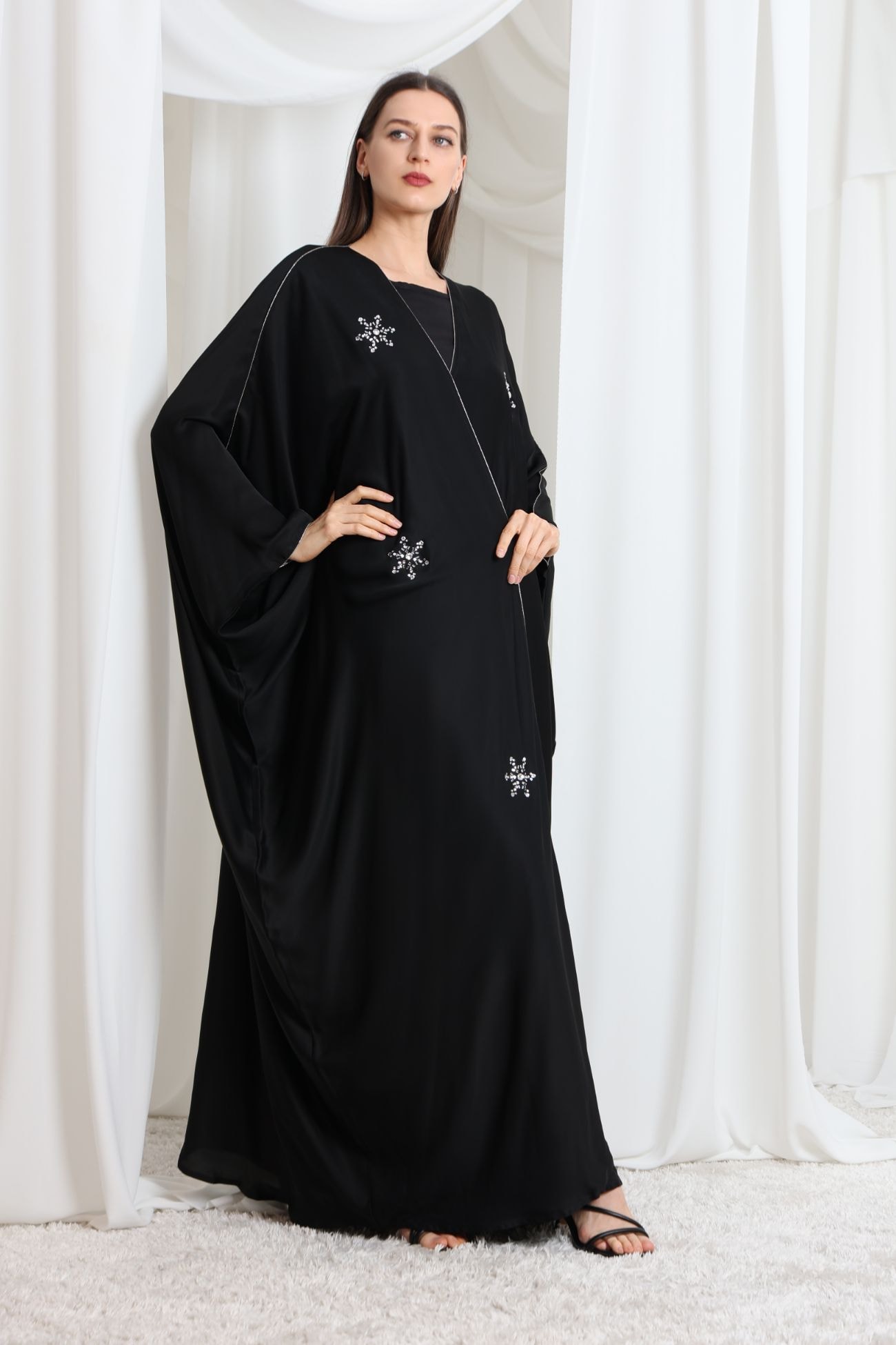 Black butterfly-cut abaya embellished with White Silver Swarovski crystal — Black 2