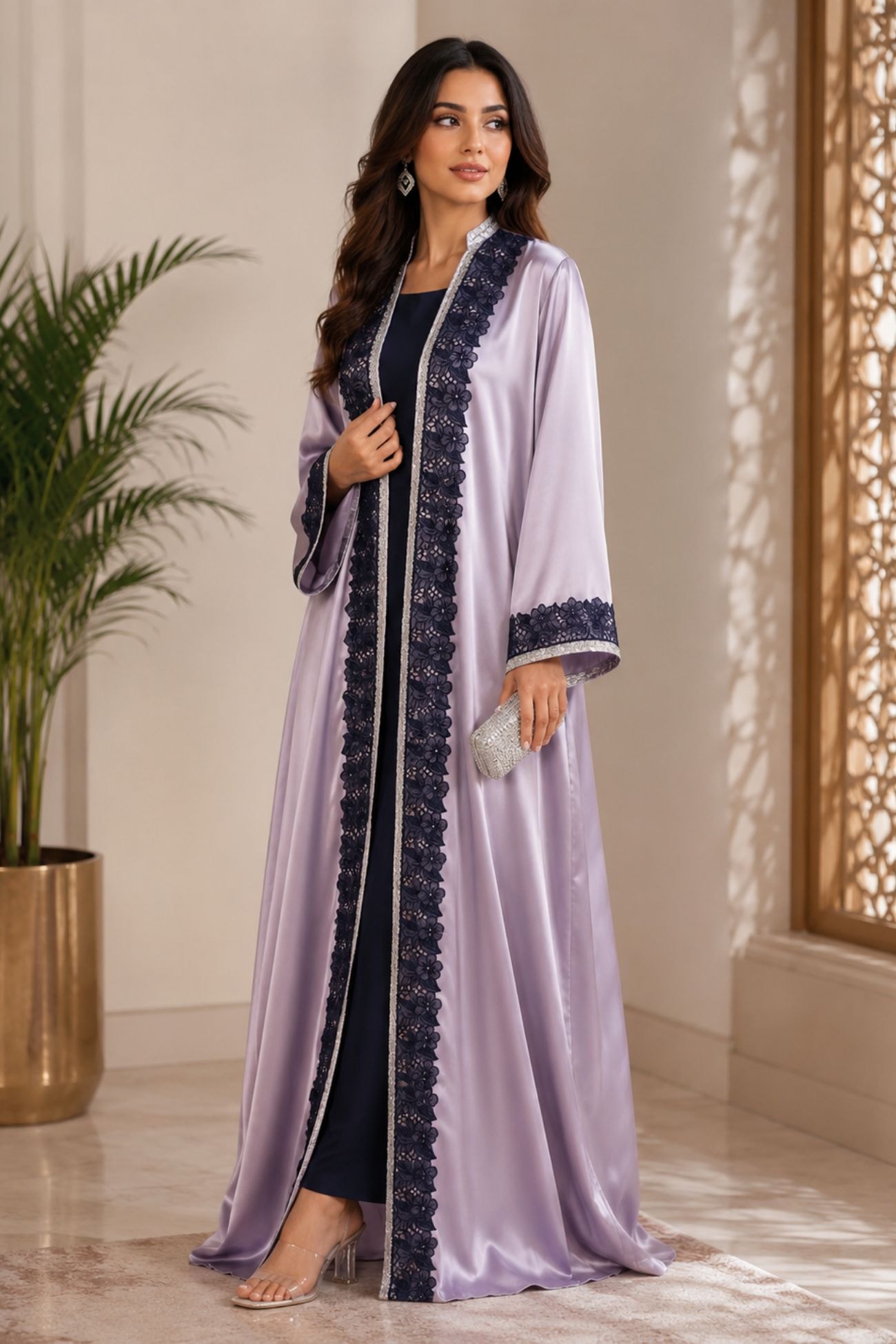 Libas lab - Lilac Satin Double Layer Abaya Set with Navy Lace Detailing