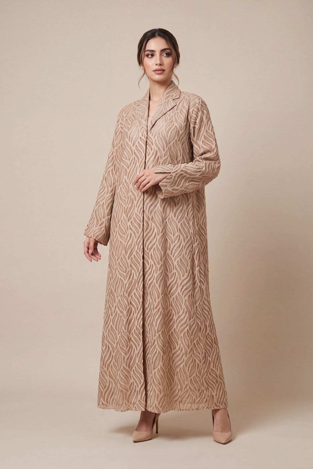 Textured Jacquard Fabric Abaya — Beige