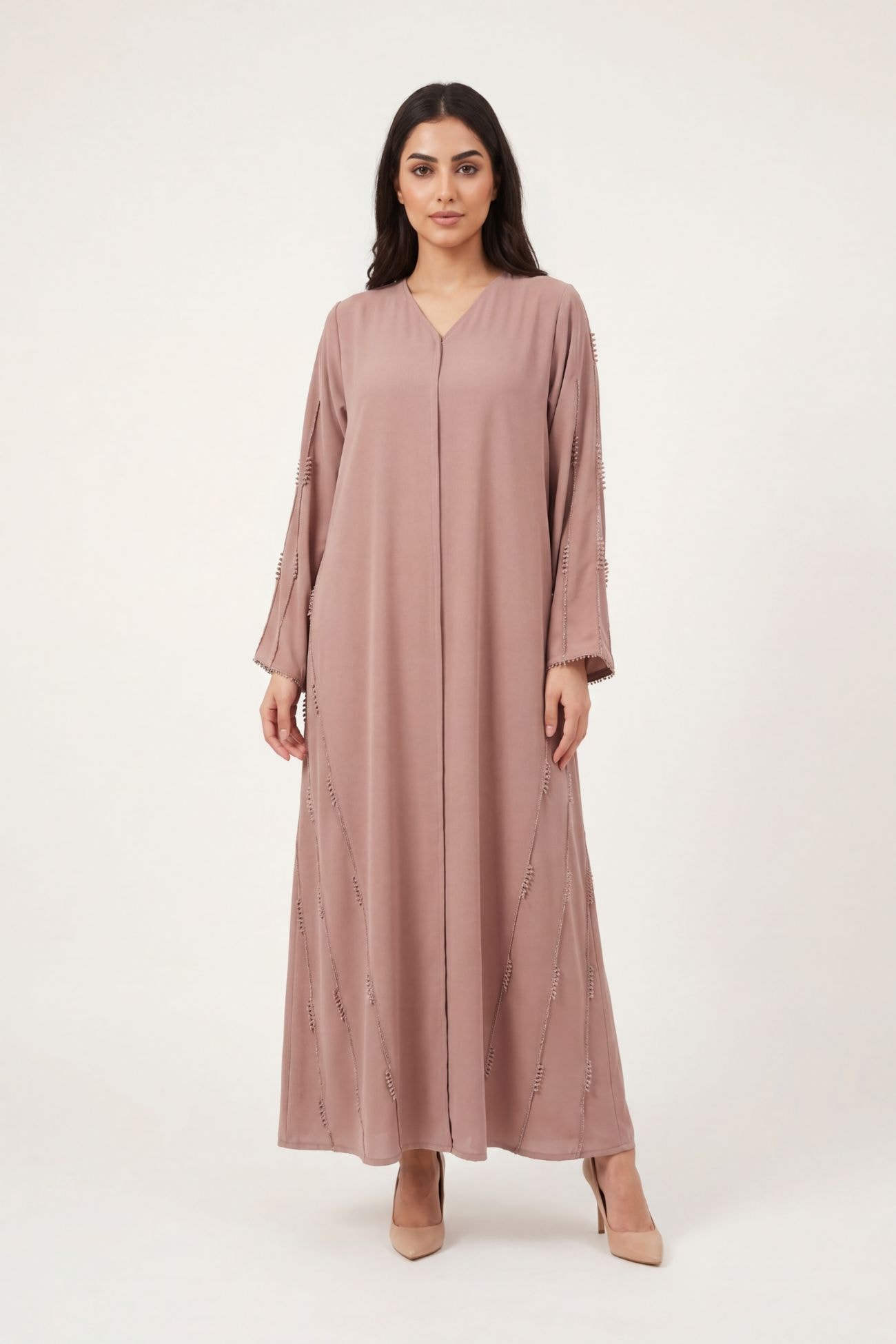 Dusty Rose Korean Nida Abaya with Crochet Handwork & Matching Sheila