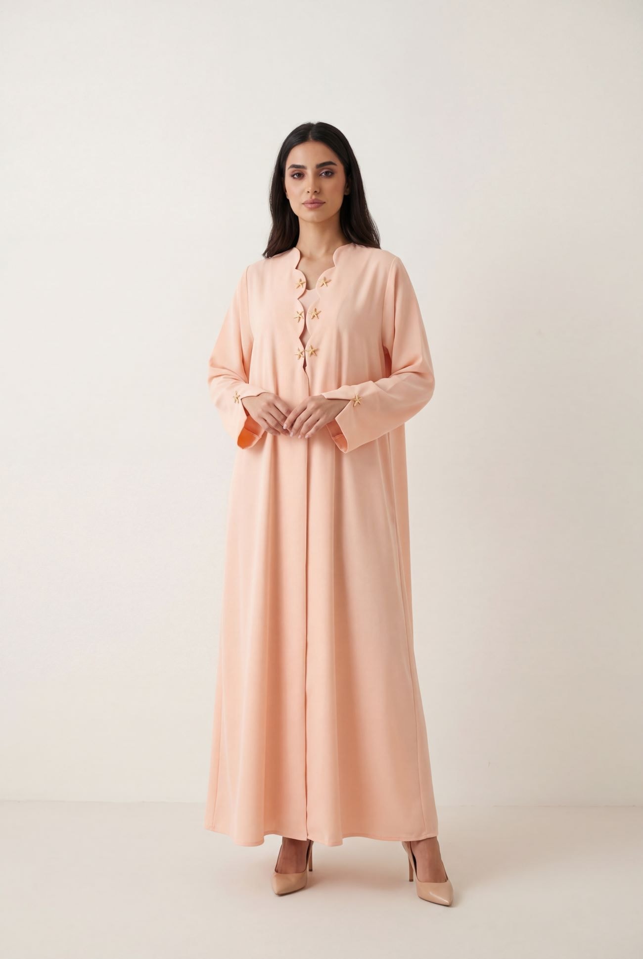 Peach Nida Fabric with Star Gold Buttons