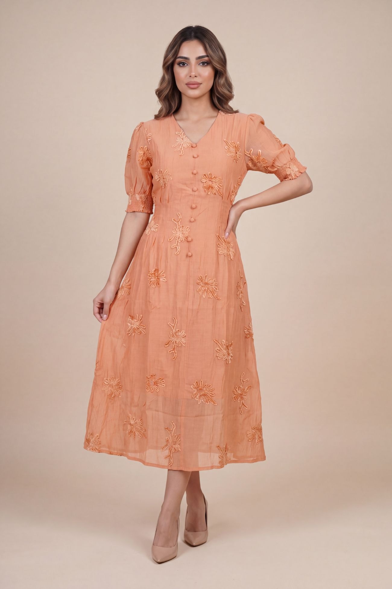 Floral Embroidered Cotton-Linen Midi Dress with Covered Buttons