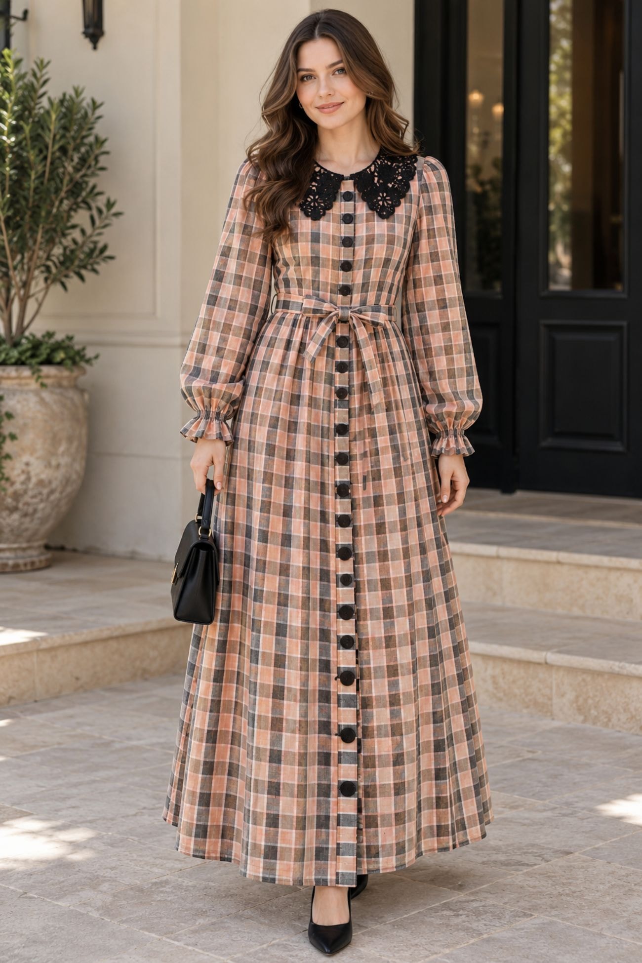 Libas lab - Elegant Lace Collar Checkered Maxi Dress