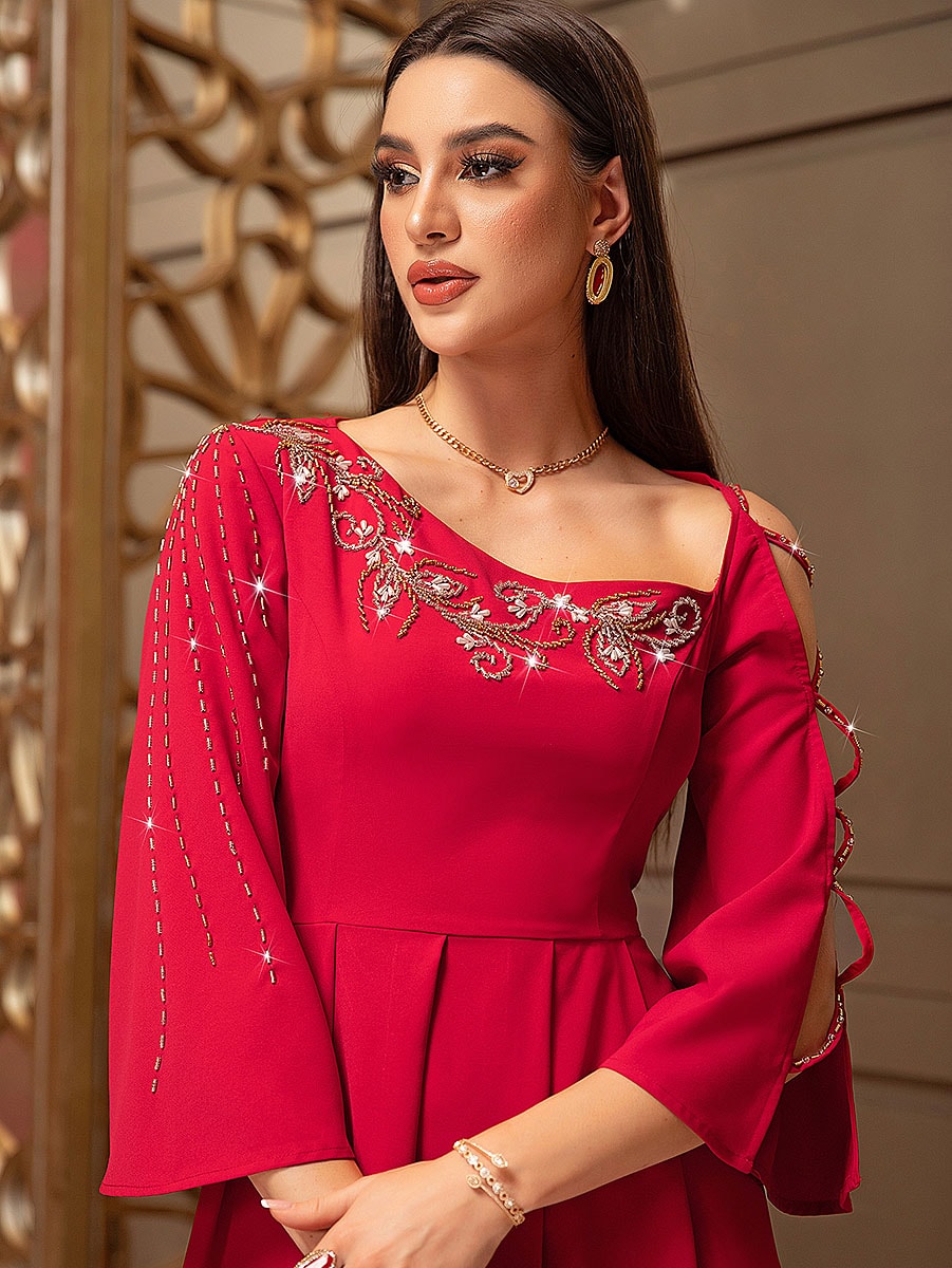 Red Embroidered Dress with Flared Sleeves