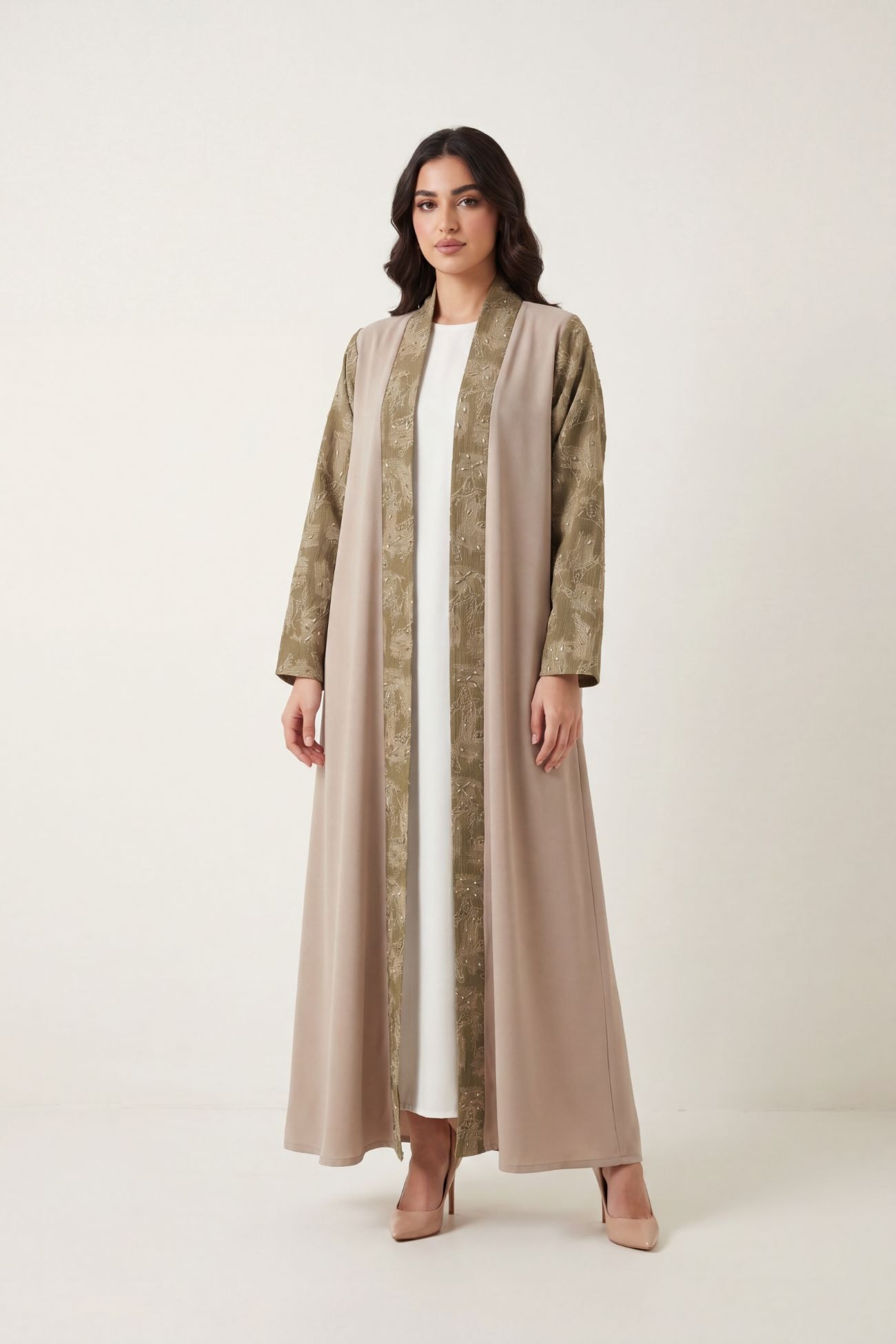 Sand Beige Indonesian Fabric Abaya with Handwork & Matching Sheila